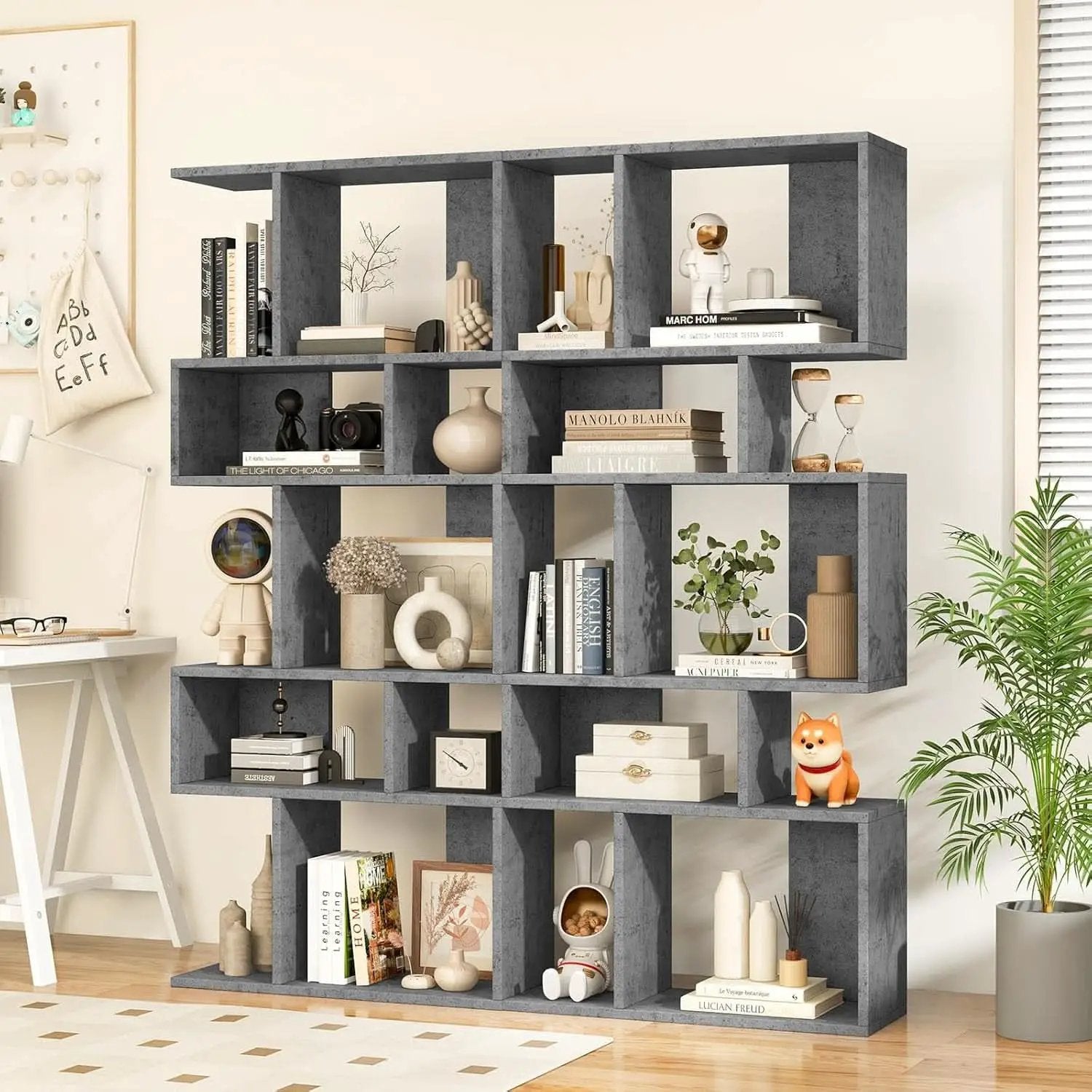 Gray Five Tier Geometric Bookshelf Set Of 2 70 Inch Tall from PriceLows™