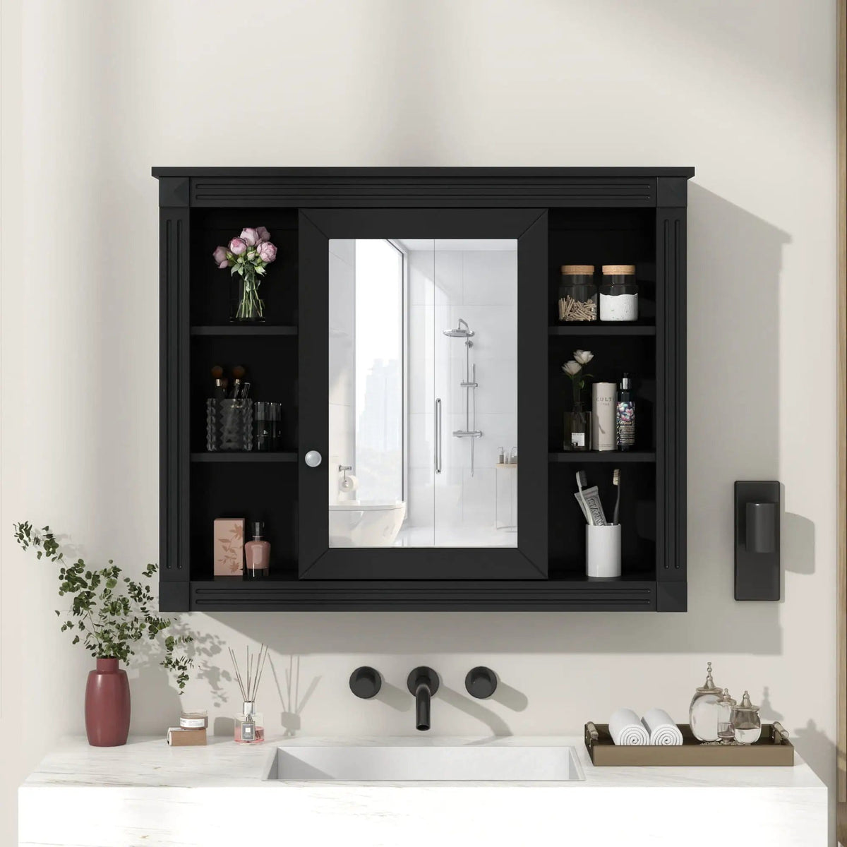 Wall-Mounted Bathroom Storage Cabinet With Mirror, 6 Open Shelves - | 35 x 7.1 x 28.7 in | Metal & Mdf | Black