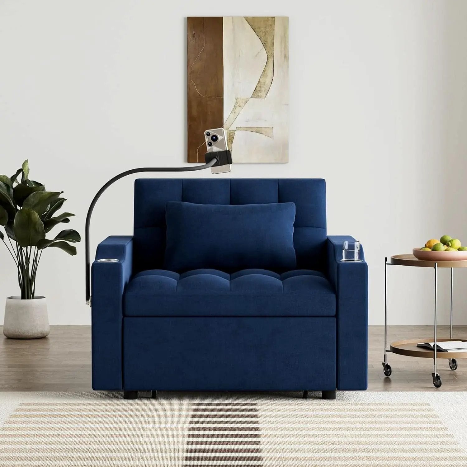 Blue Velvet SpaceSaving Convertible Sofa Chair USB from PriceLows™