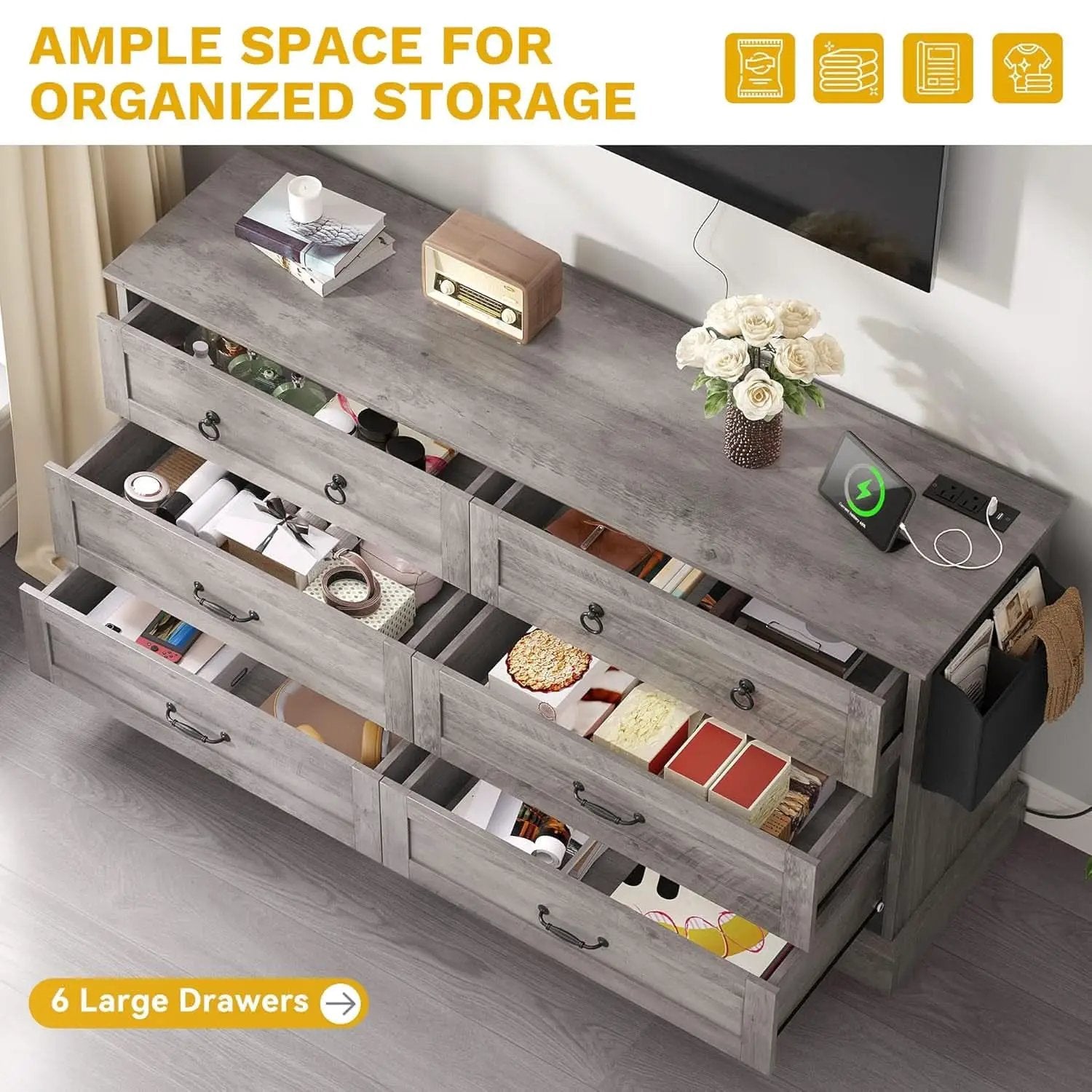 Grey Farmhouse 6 Drawer Dresser 59 Inch Wide With Air Purifier from PriceLows™