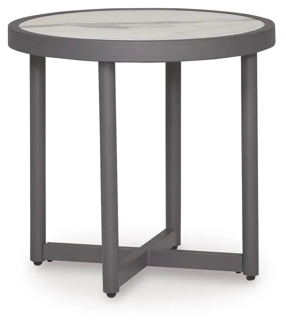 Ocean Beach Round Outdoor Table | Gray Shades | Marble Look Top | Porch And Patio