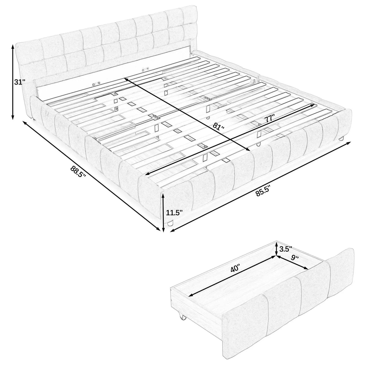 Modern Platform Storage Bed Frame | Thick Fabric Upholstery | Soft Headboard | Solid Construction