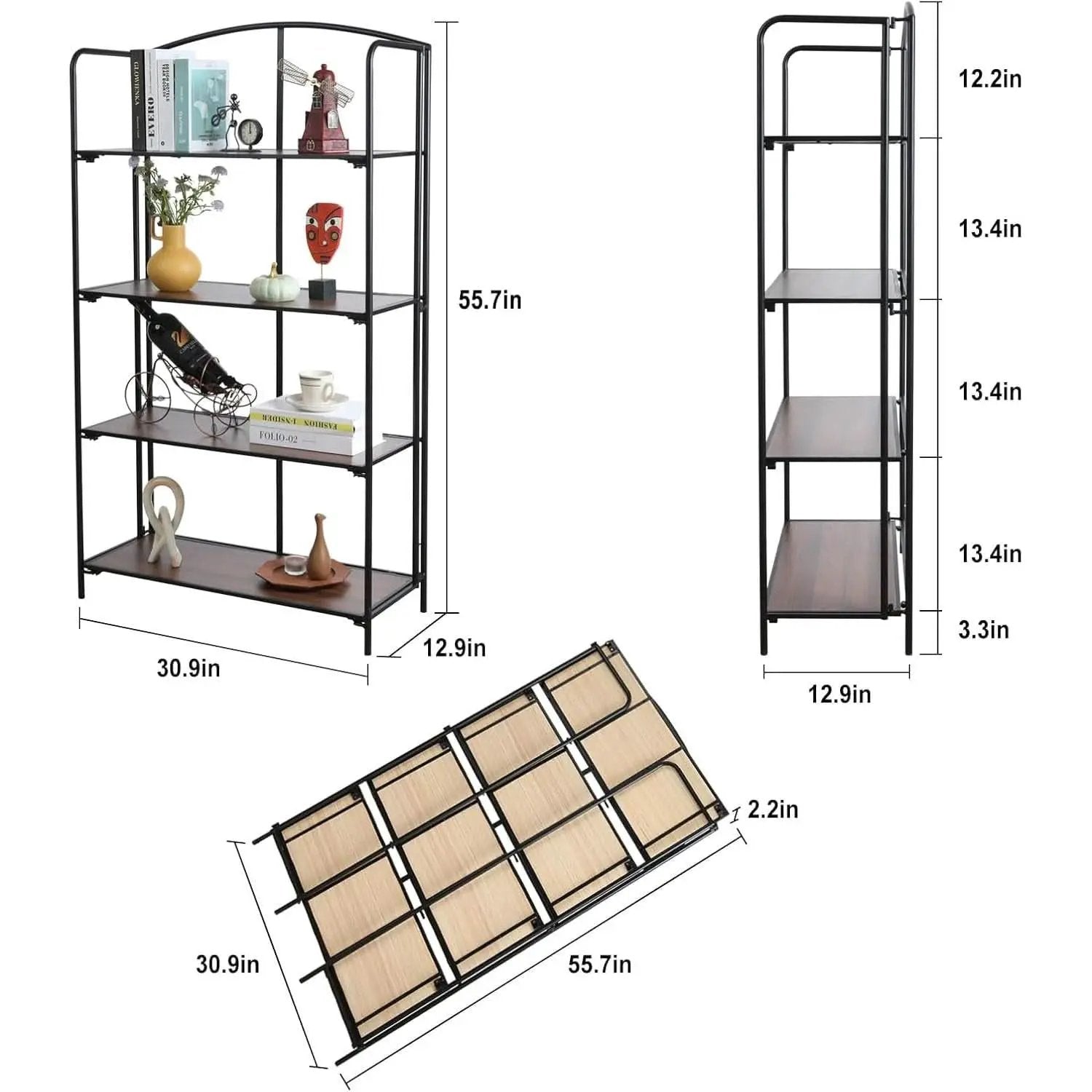 4 Tier Black Folding Bookshelf for Living Room Home Office from PriceLows™