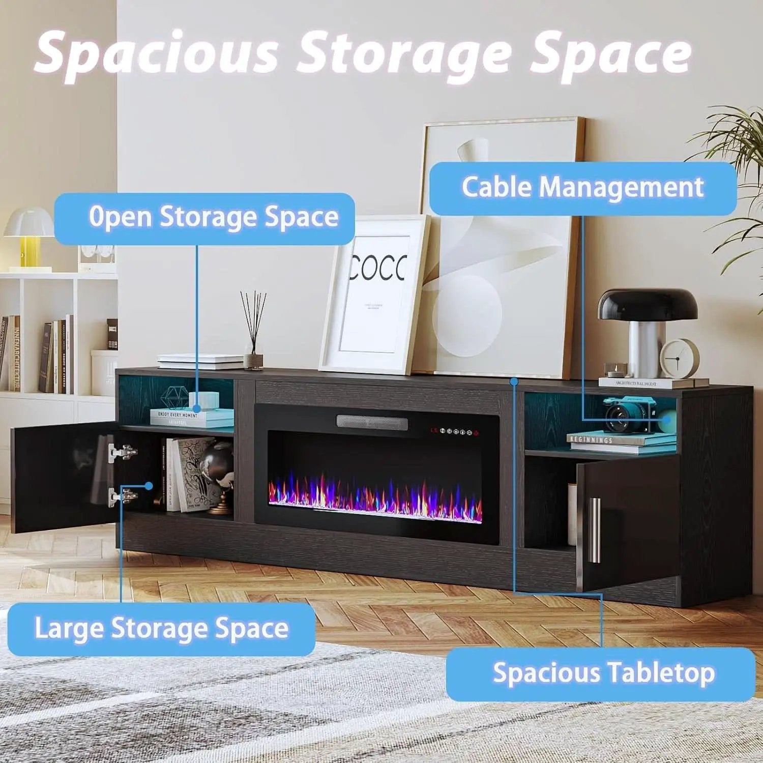 80 Inch TV Stand Electric Fireplace With LED Lighting Black from PriceLows™