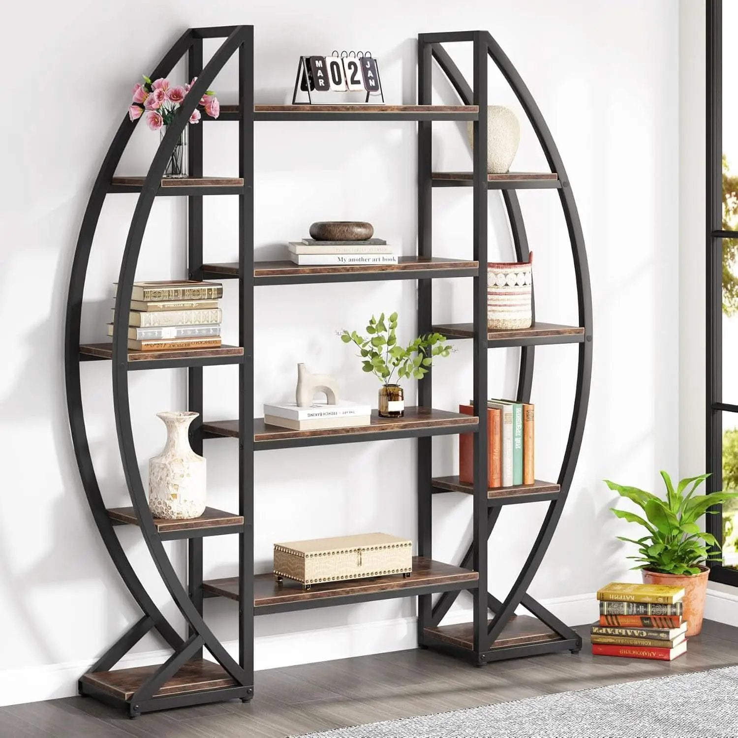 Oval 55 Inch Brown Industrial Display Etagere Bookcase from PriceLows™