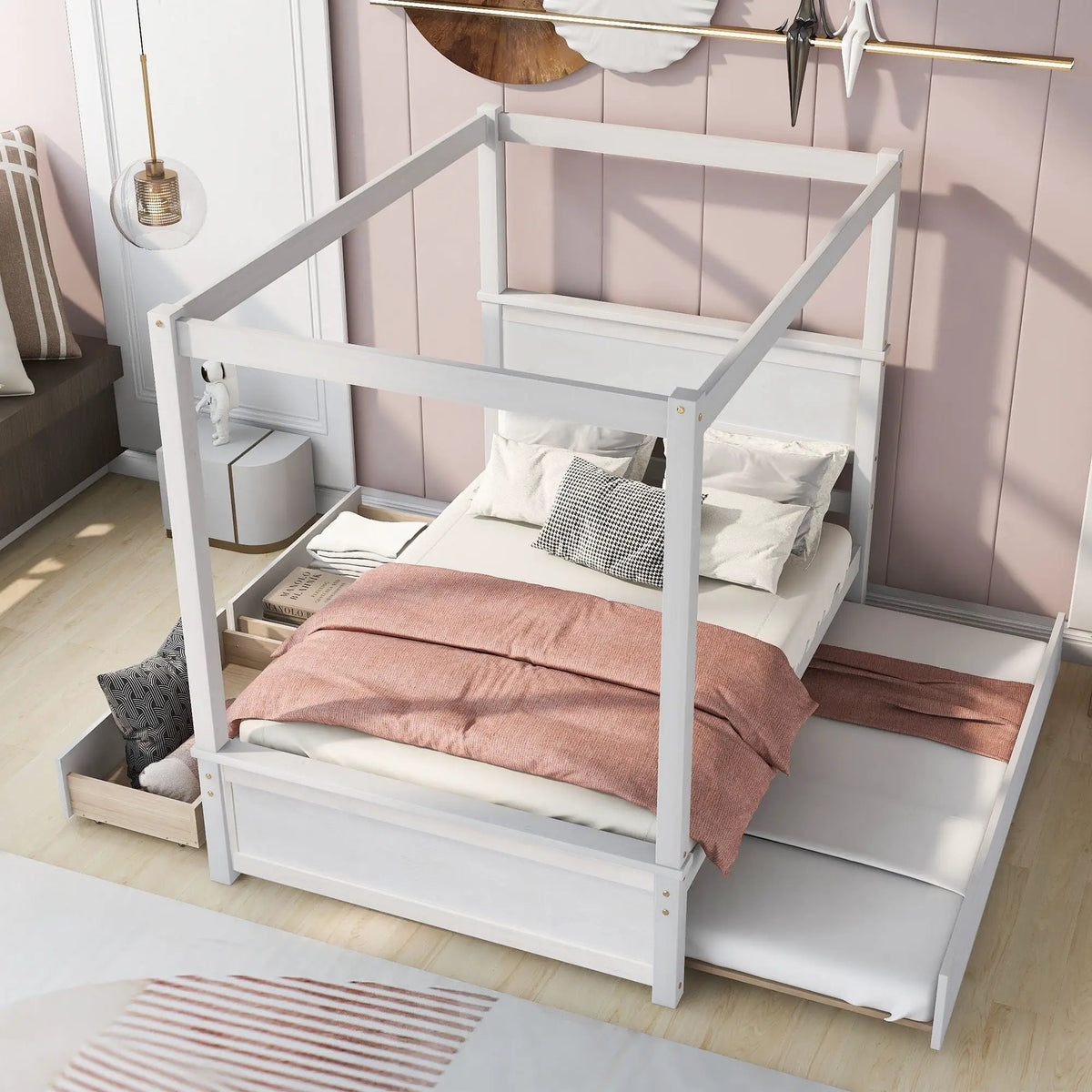 Canopy Platform Bed | Wooden Frame | Built-In Drawers | Brushed-Effect Finish