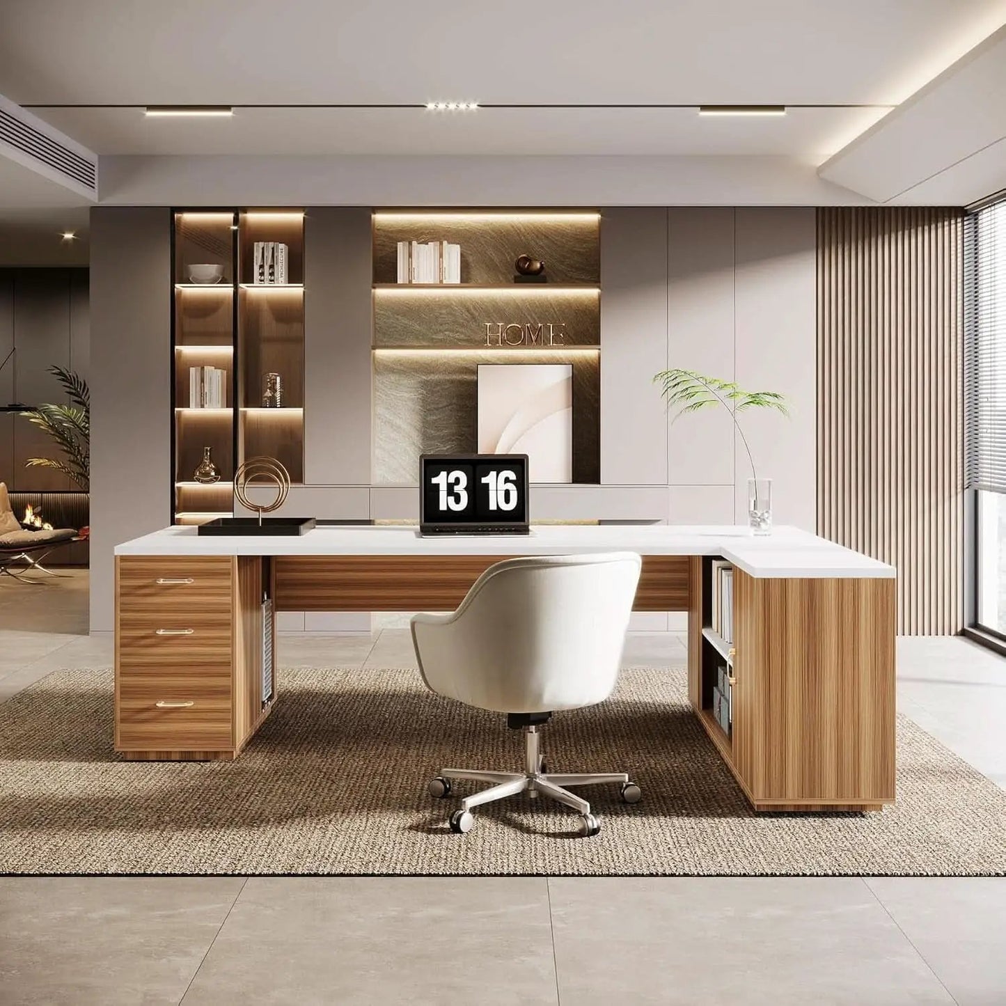 85 Point 8 Inch L-Shaped Executive Desk White Walnut Storage Cabinet from PriceLows™