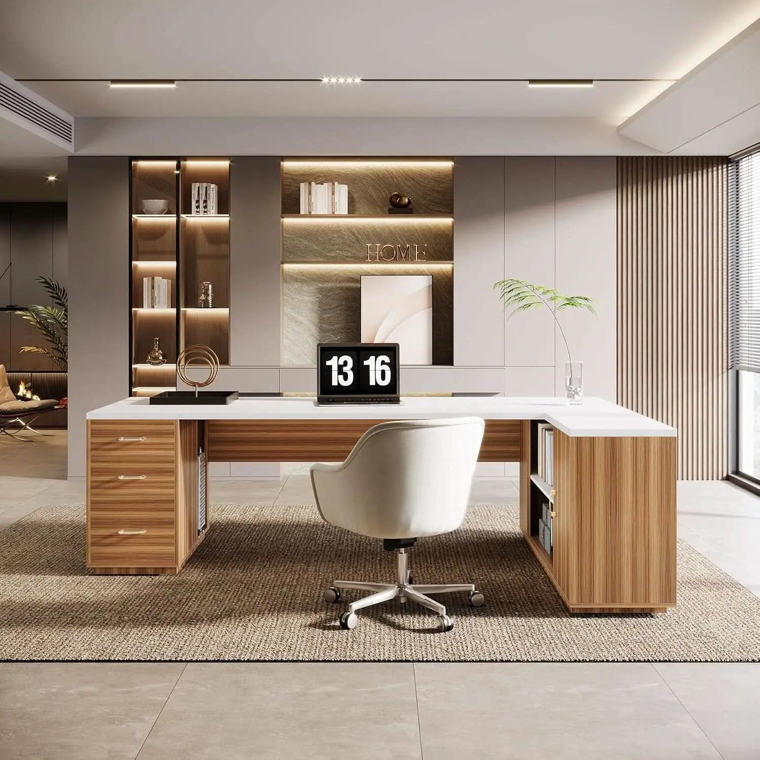 85 Point 8 Inch L-Shaped Executive Desk White Walnut Storage Cabinet from PriceLows™