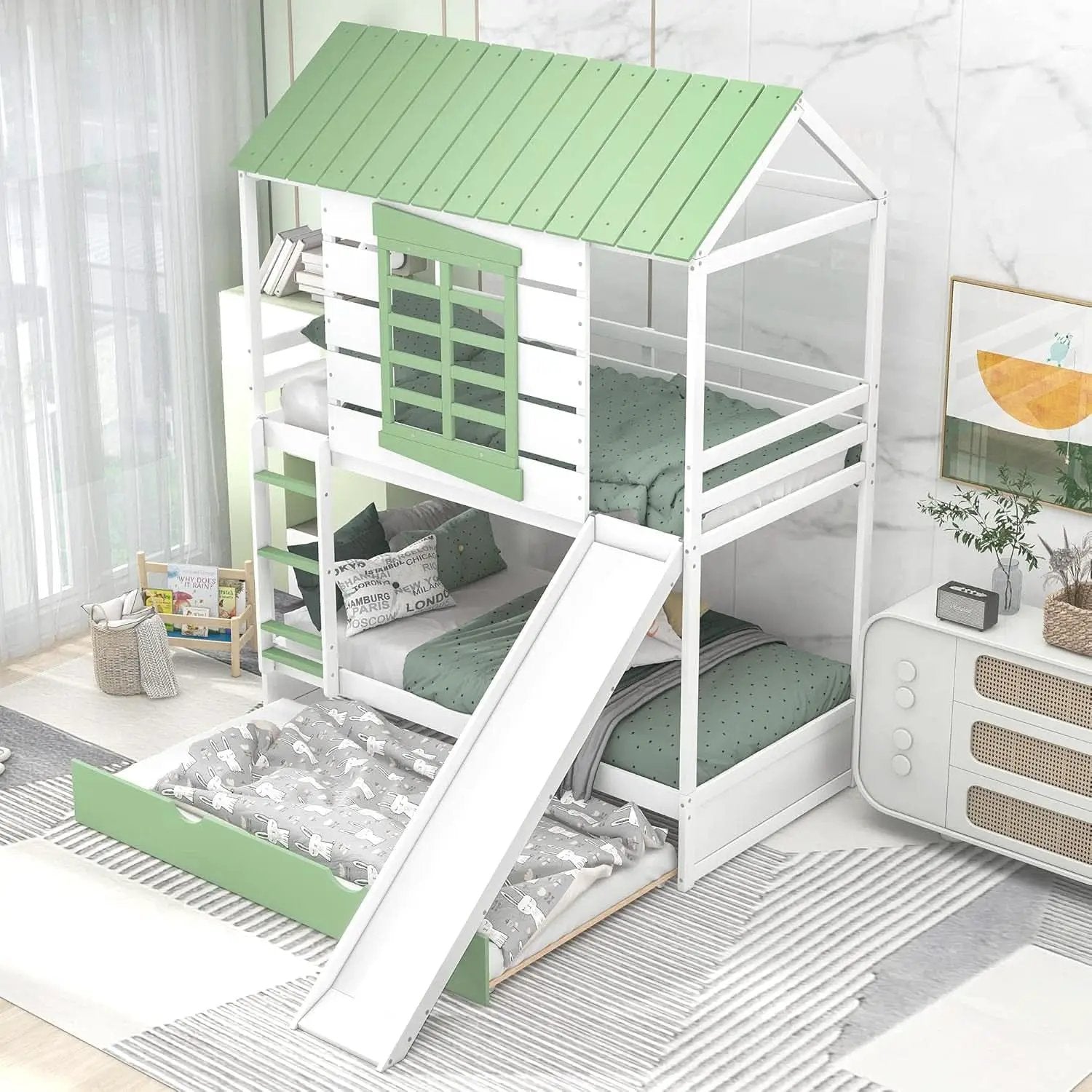 Bunk Bed Twin Over Twin With Slide And Trundle White Green from PriceLows™