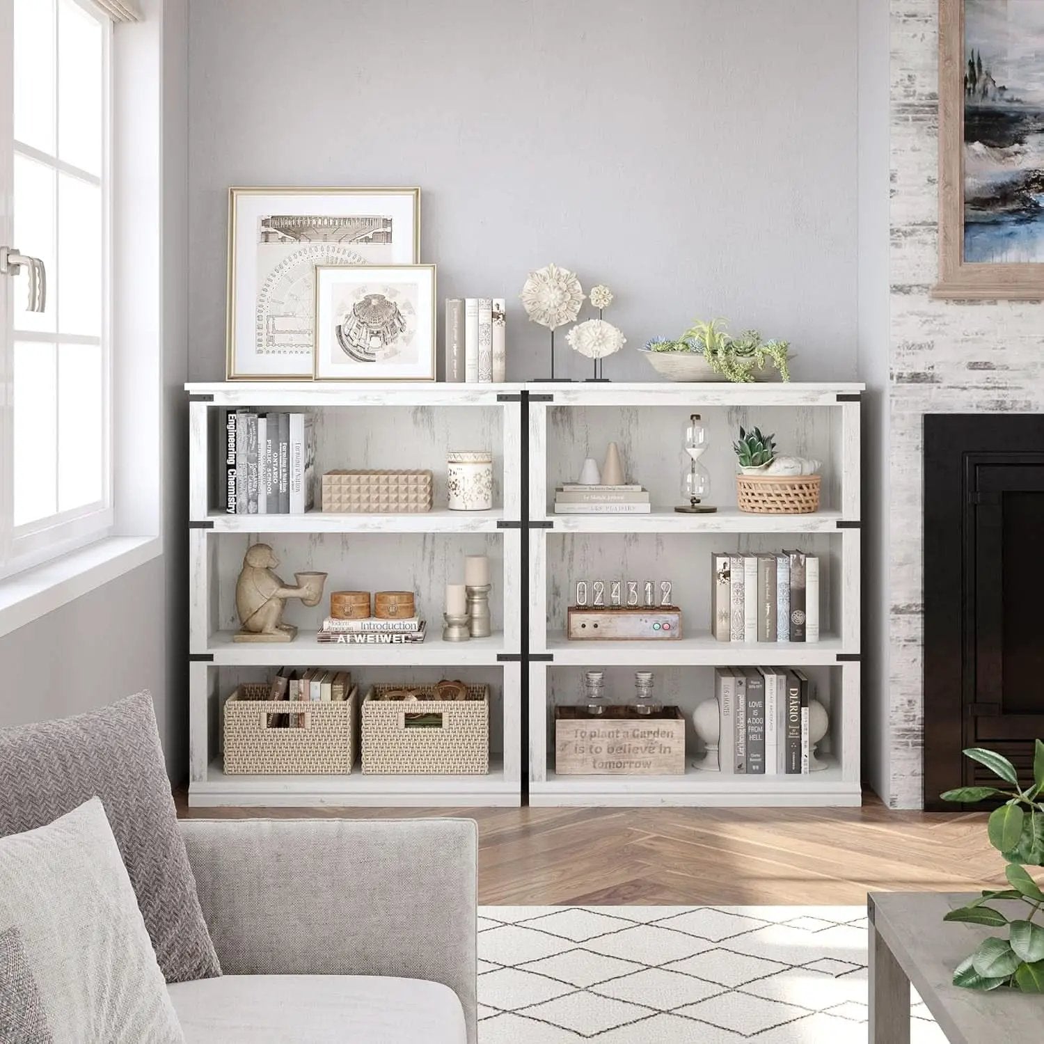 3 Tier Farmhouse Wood Bookcase With Storage White 40 Inch High 31.5 Inch Wide For Living Room And Home Office from PriceLows™
