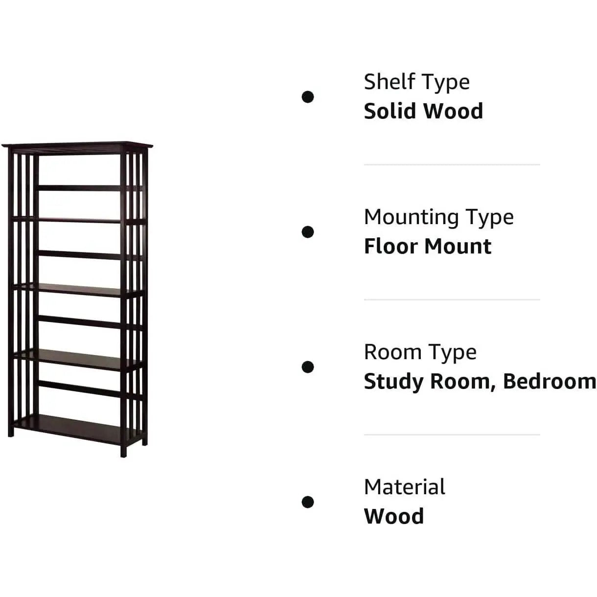 Espresso 5-Shelf Mission Bookcase Solid Wood Tall Storage from PriceLows™