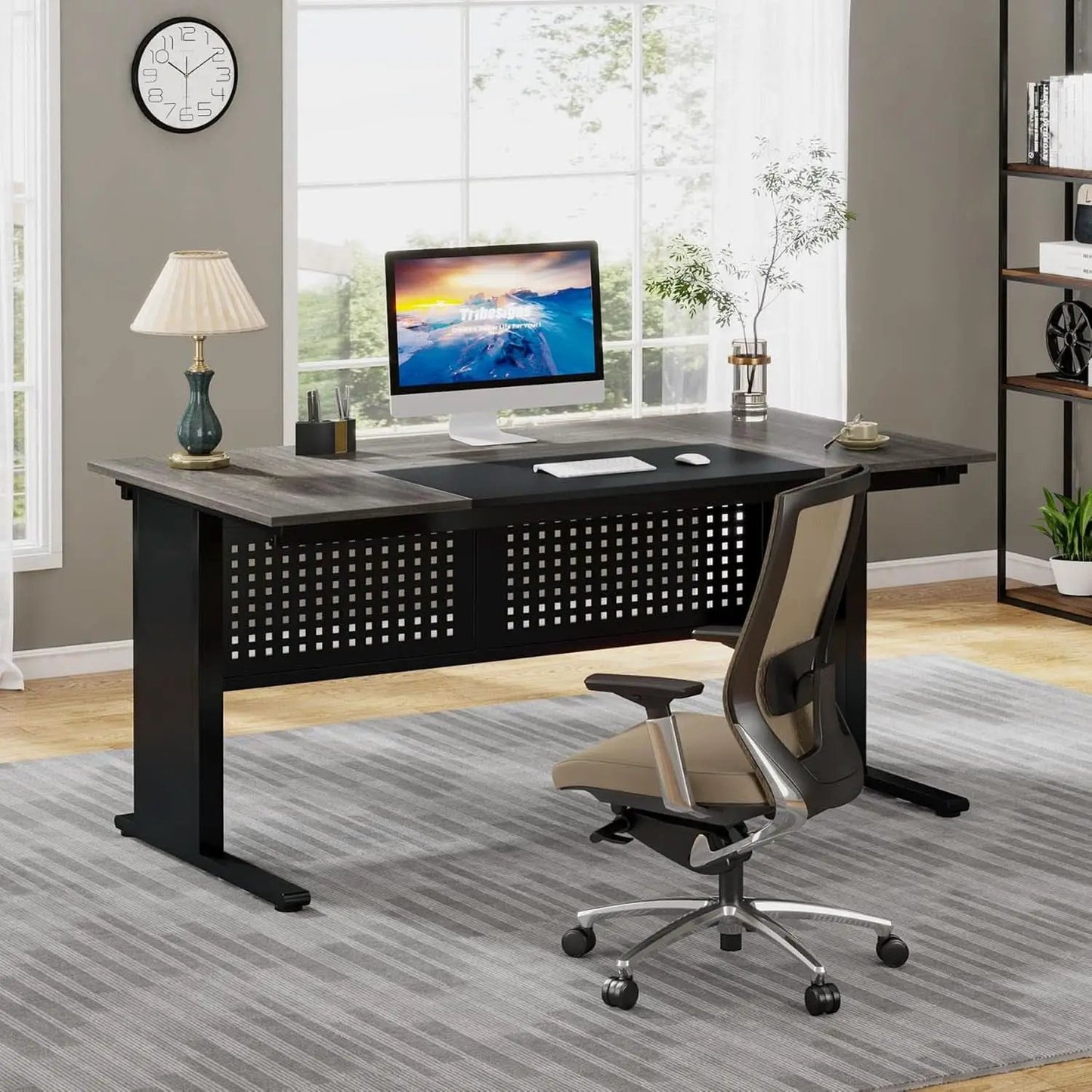 63 Inch Executive Desk With Integrated Cabinet Gray from PriceLows™