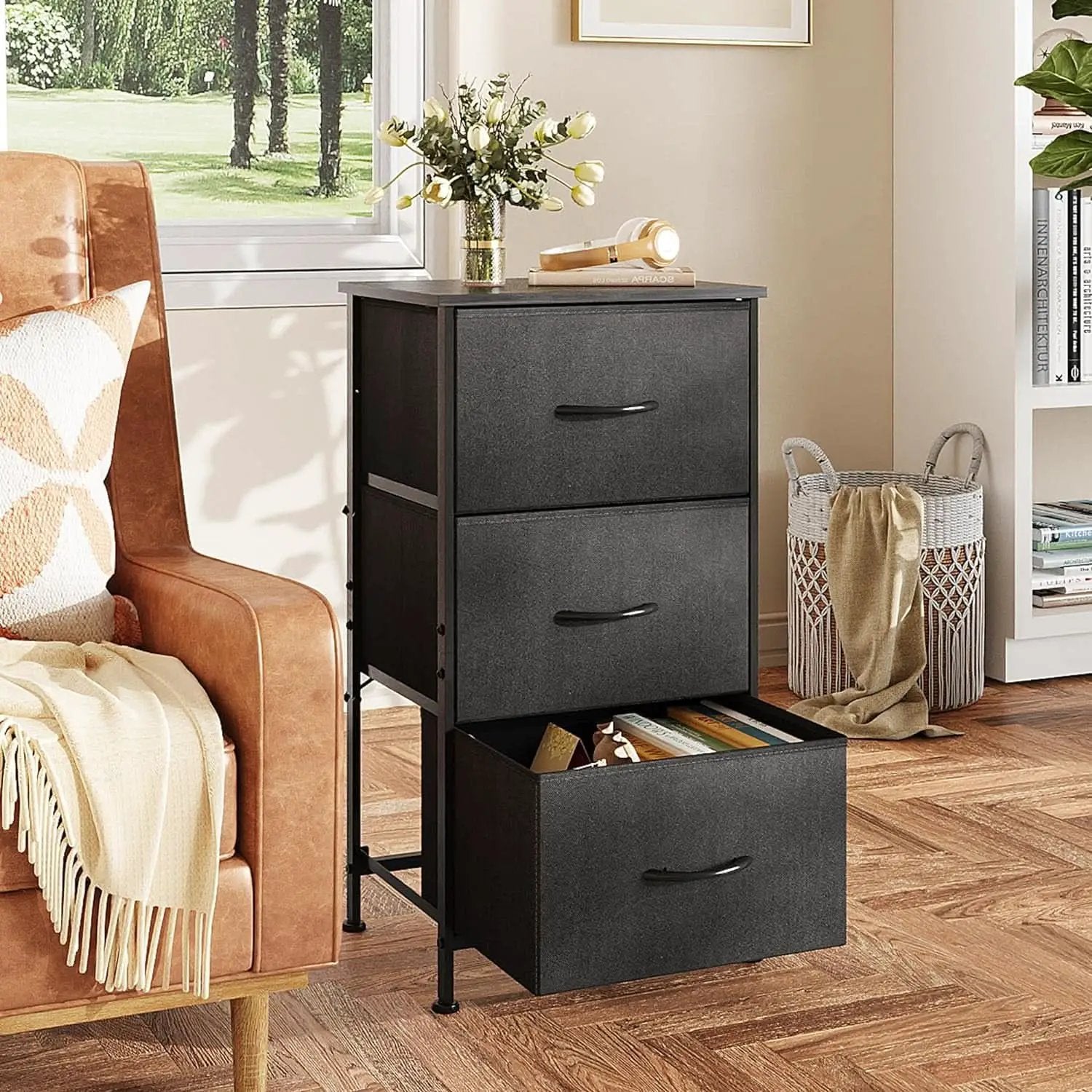 Charcoal Black 3 Drawer Dresser With Wood Top Steel Frame from PriceLows™