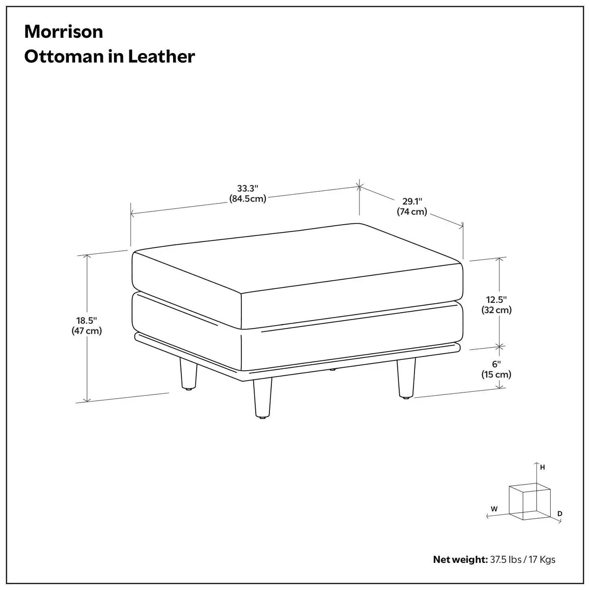 Morrison Handcrafted Ottoman | Mid-Century Modern Styling | Corner-Blocked Frame | 33 Inch Width