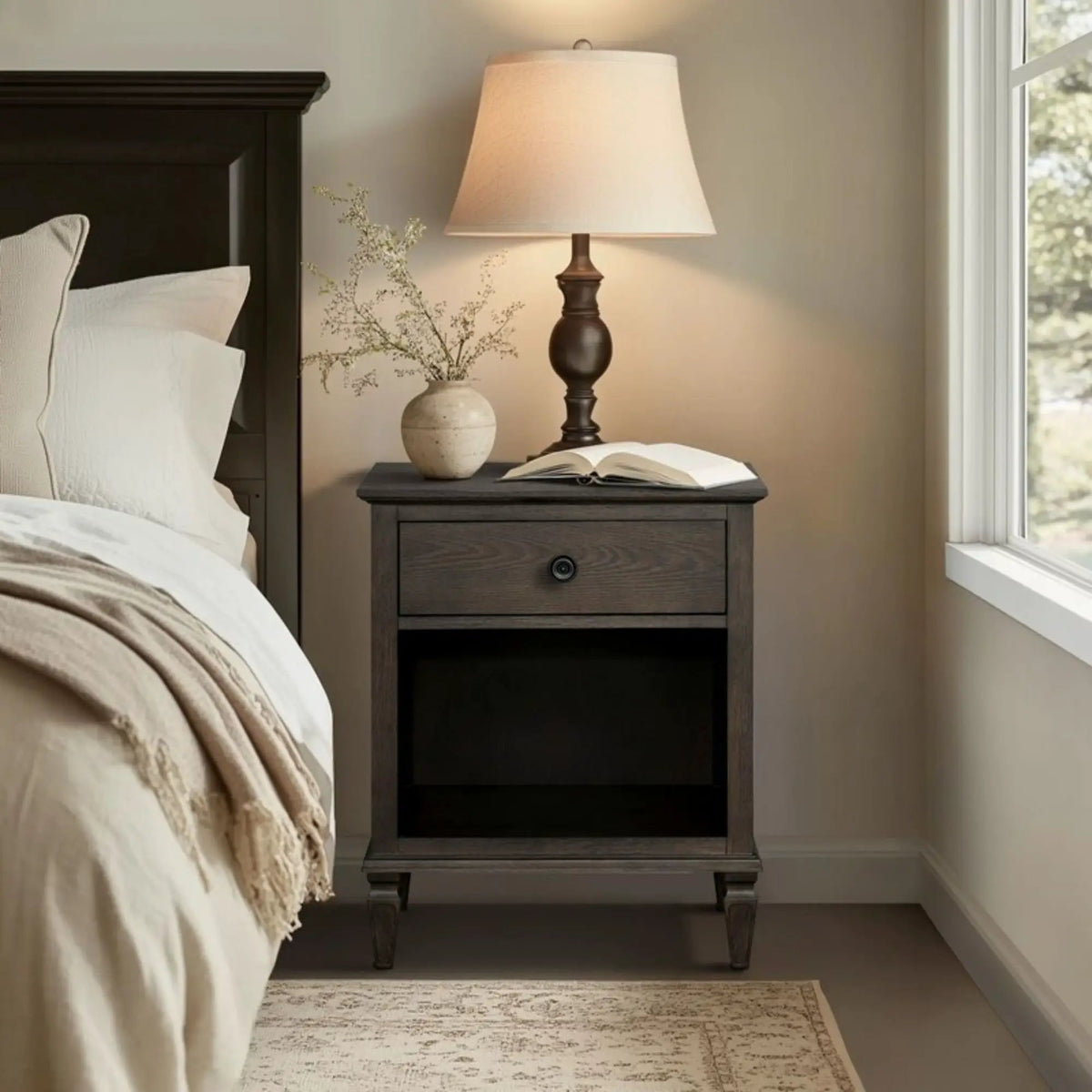 Victoria Nightstand | French-Inspired Design | Wire Brush Finish | 1 Drawer And Open Shelf