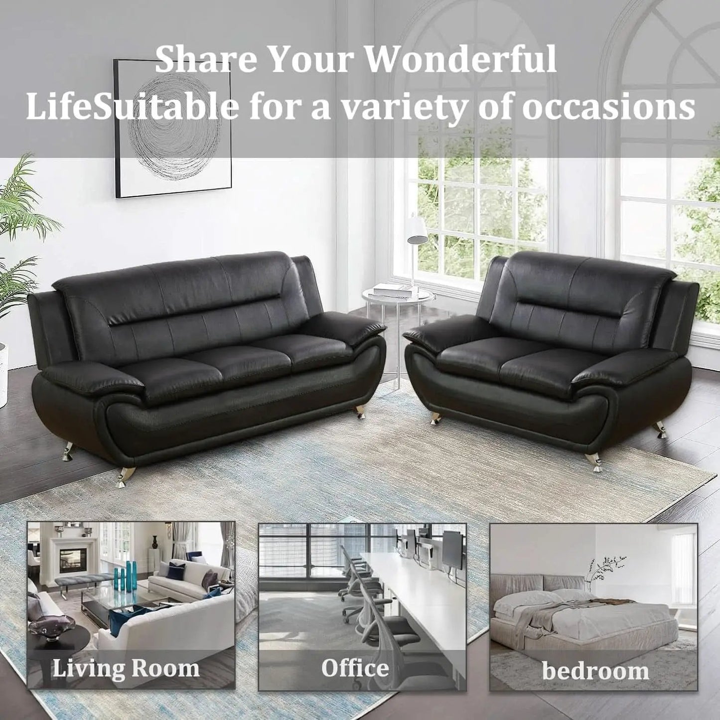 Black Faux Leather Sofa Loveseat 2 Piece Living Room Set from PriceLows™