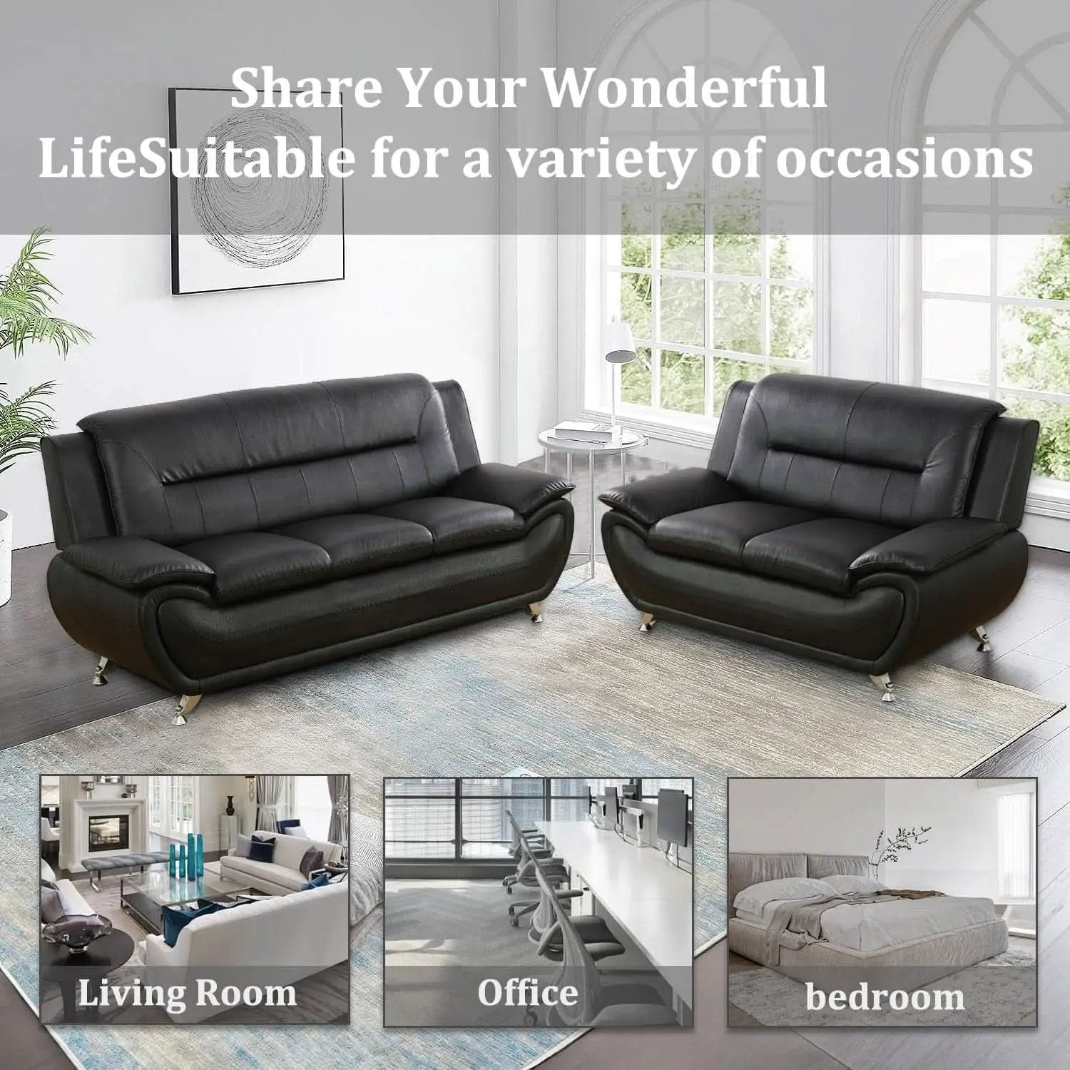 Black Faux Leather Sofa Loveseat 2 Piece Living Room Set from PriceLows™