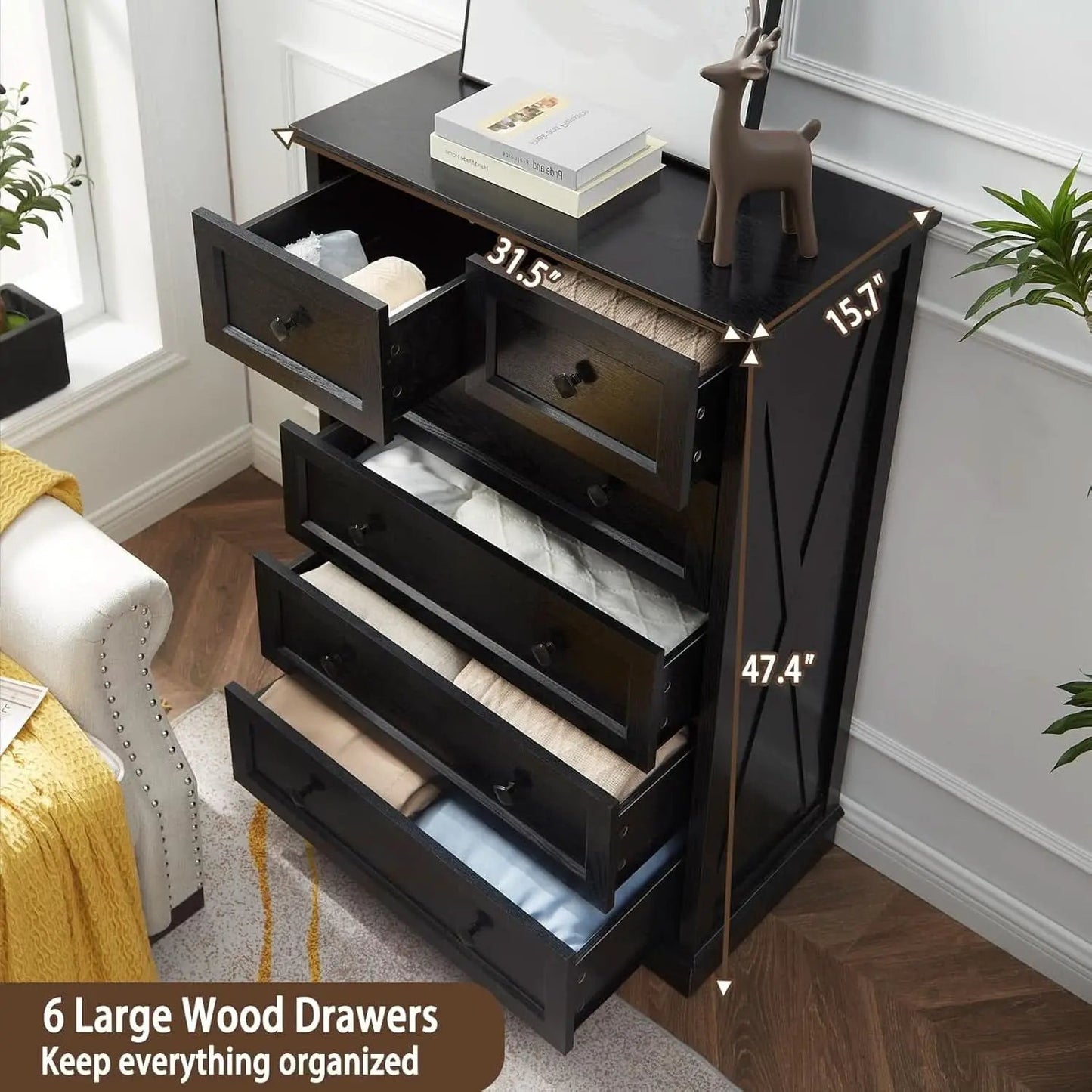 Tall Black Six Drawer Dresser Contemporary Storage from PriceLows™