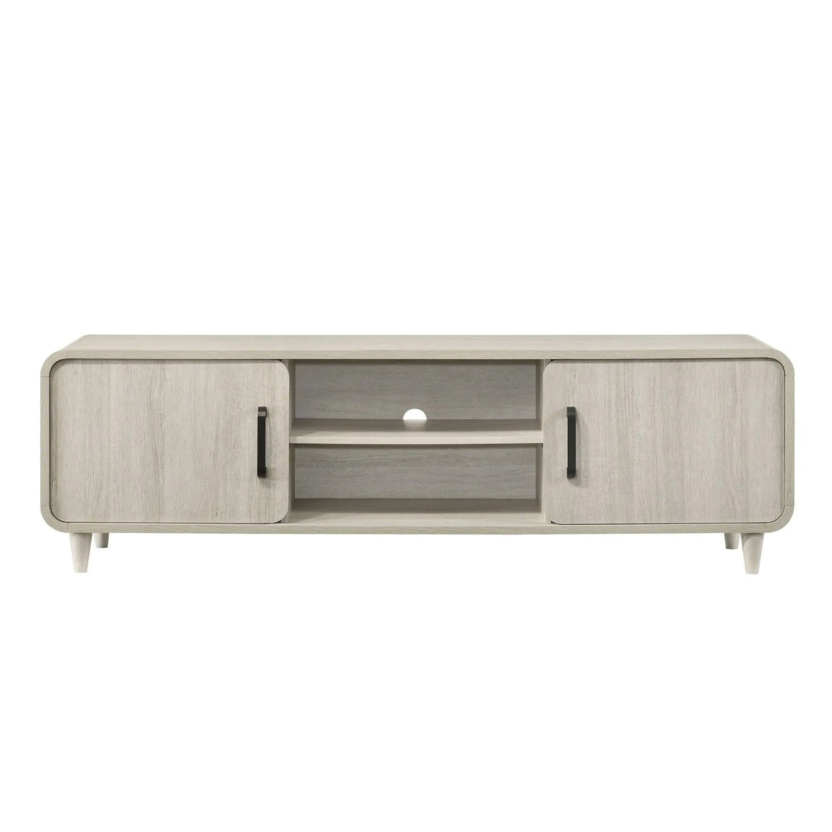 TV Stand With Sliding Doors | Mid-Century Modern | Antique White Finish | Open Shelves