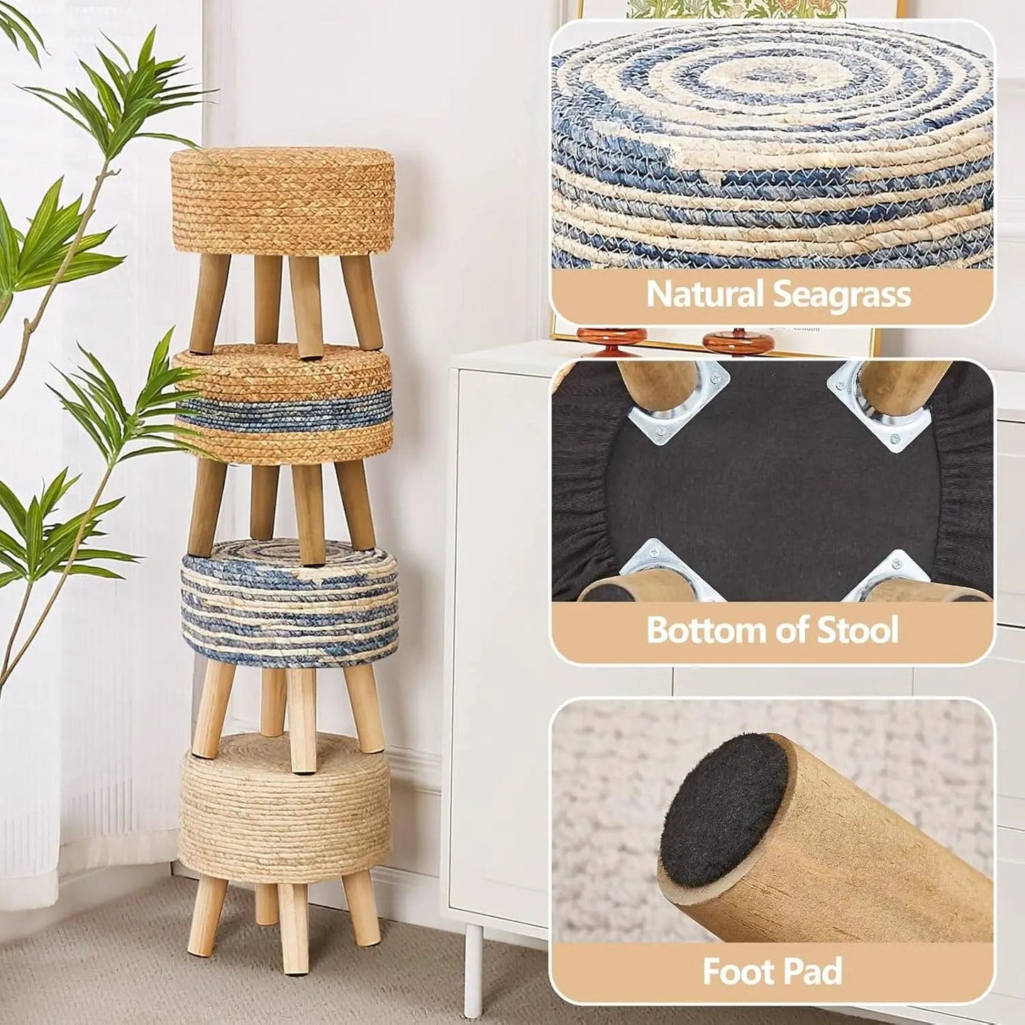 Round Seagrass Ottoman Footstool Handwoven Natural Blue from PriceLows™