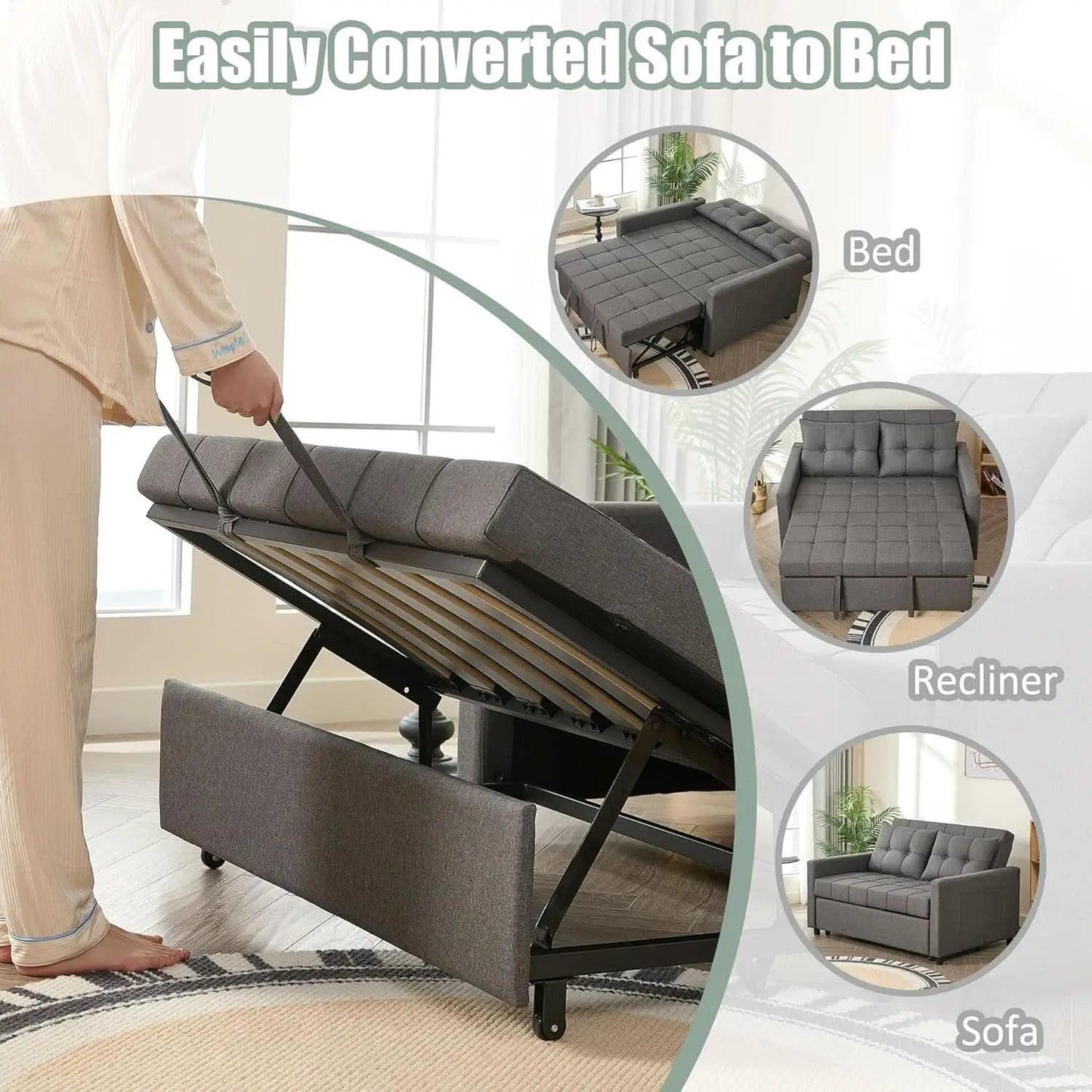 52Inch Sleeper Sofa With Pullout Bed Gray Fabric Upholstery from PriceLows™