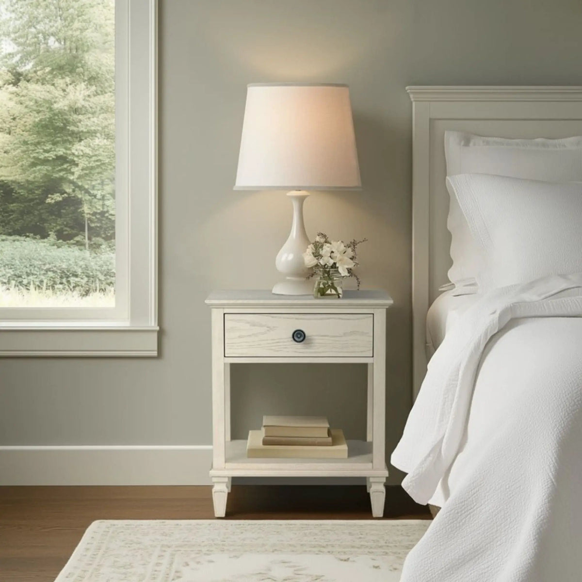 Victoria Bedside Table | Aged Brown Oak Finish | Drawer And Open Shelf | Wire Brush Detail