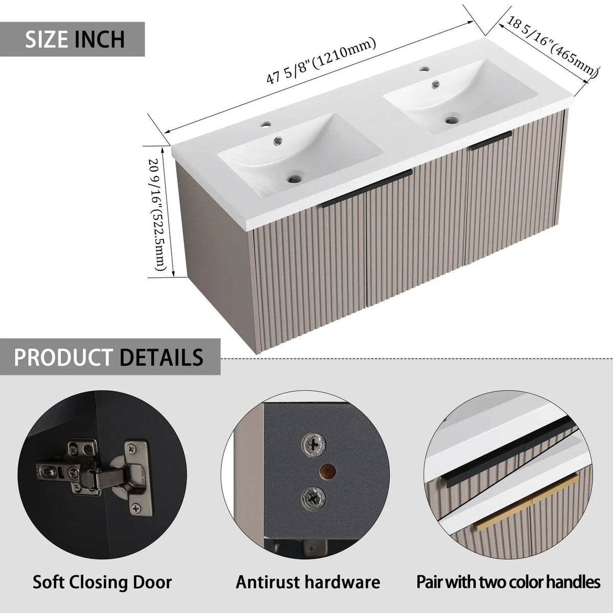 Contemporary Wall Mounted Bathroom Vanity With Resin Double Sink | 6 Pieces | Metal & Plywood | Bathroom