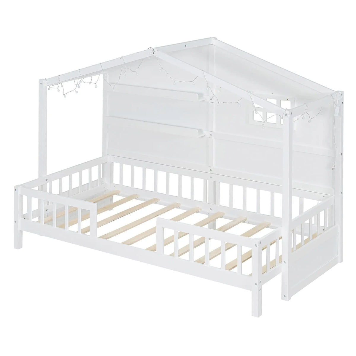 House Bed With Shelves, Window And Sparkling Light Strip On The Roof | 2 Pieces | Bedroom Furniture | Bedroom