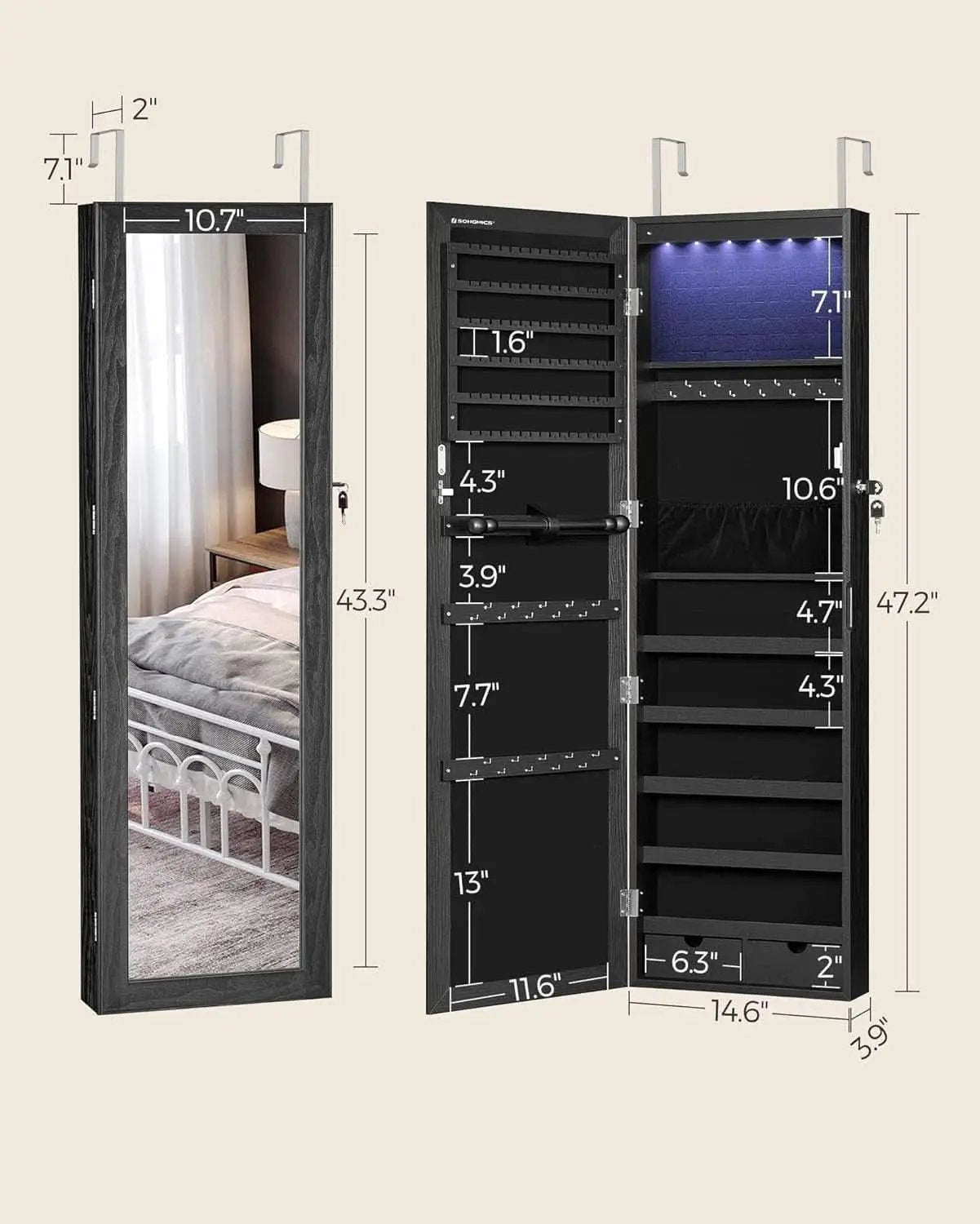47.2 Inch Tall Black Lockable Mirror Jewelry Cabinet from PriceLows™