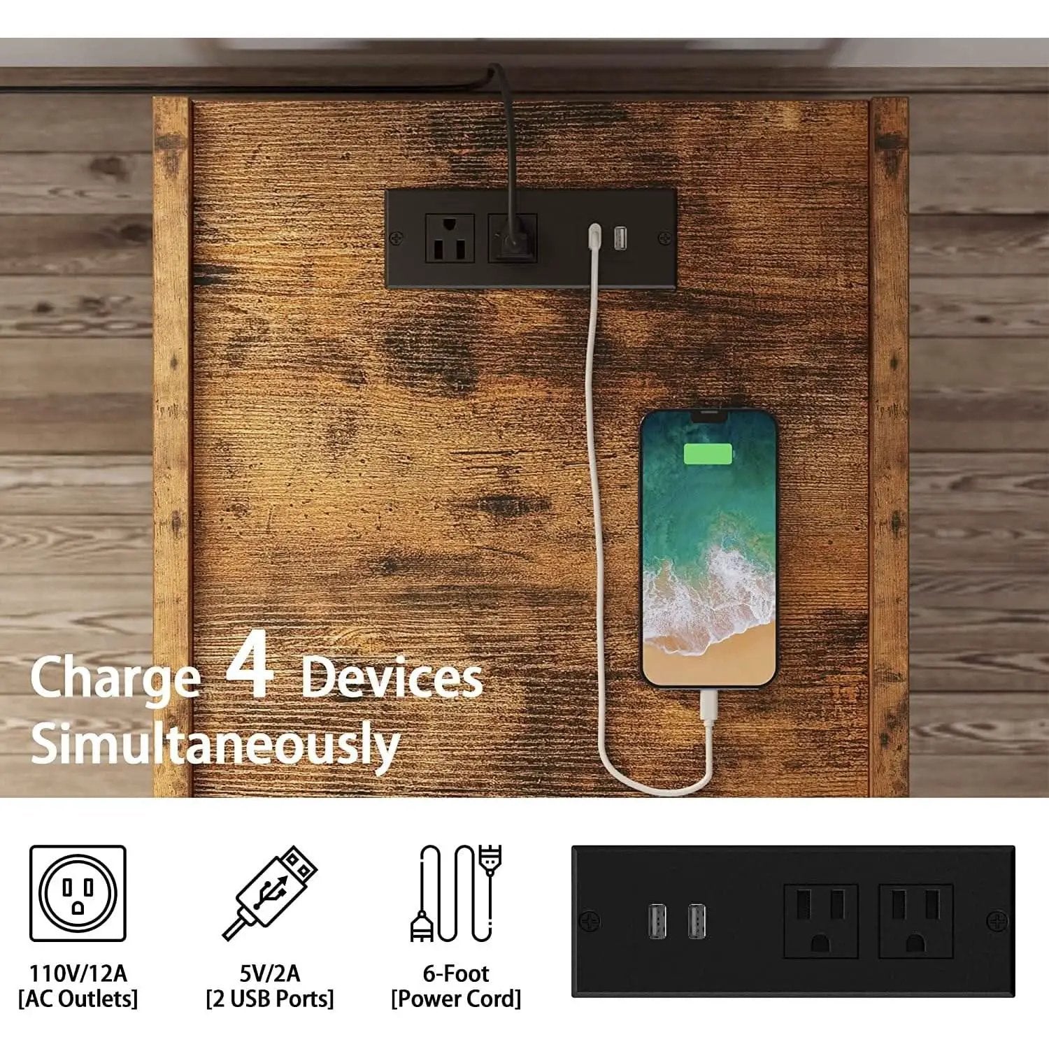 Bedside Table With Charging Station In Vintage Brown from PriceLows™