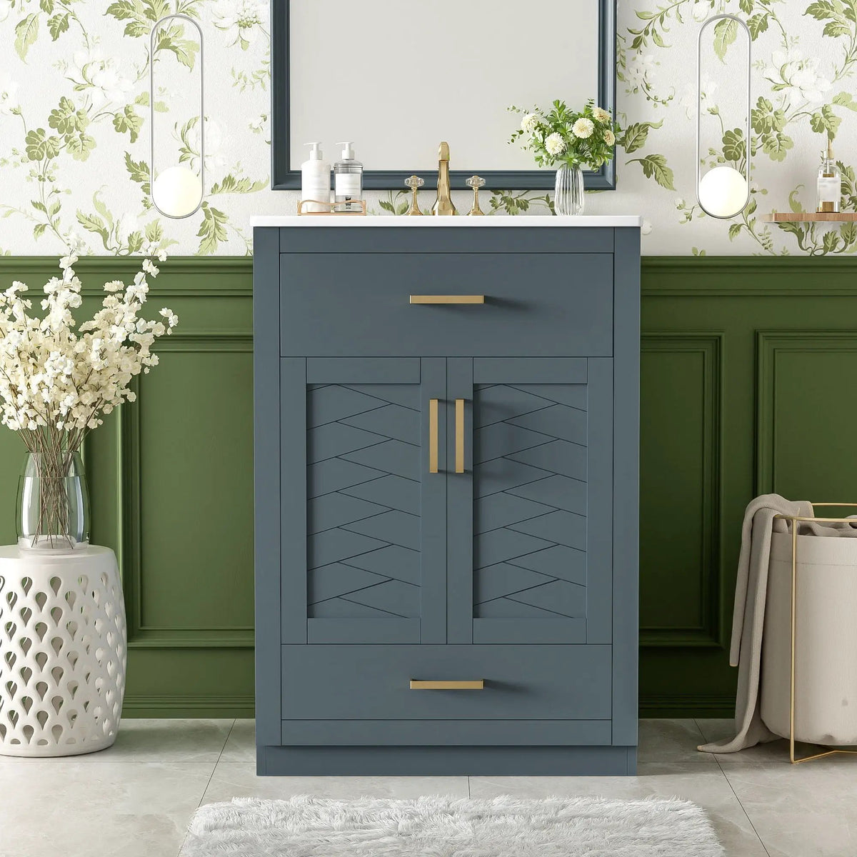 24 Inch Modern Vanity | Integrated Ceramic Sink | 2 Door Cabinet | Tip-Out Drawer