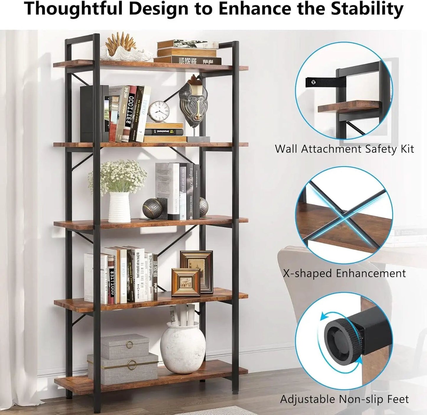 Industrial Rustic 5 Tier Etagere Bookshelf With Metal Frame from PriceLows™
