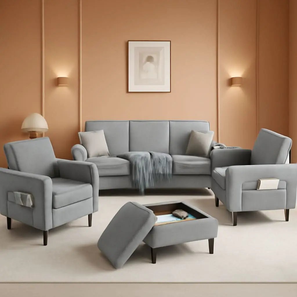 Light Grey Living Room Sofa Set With Movable Ottoman from PriceLows™