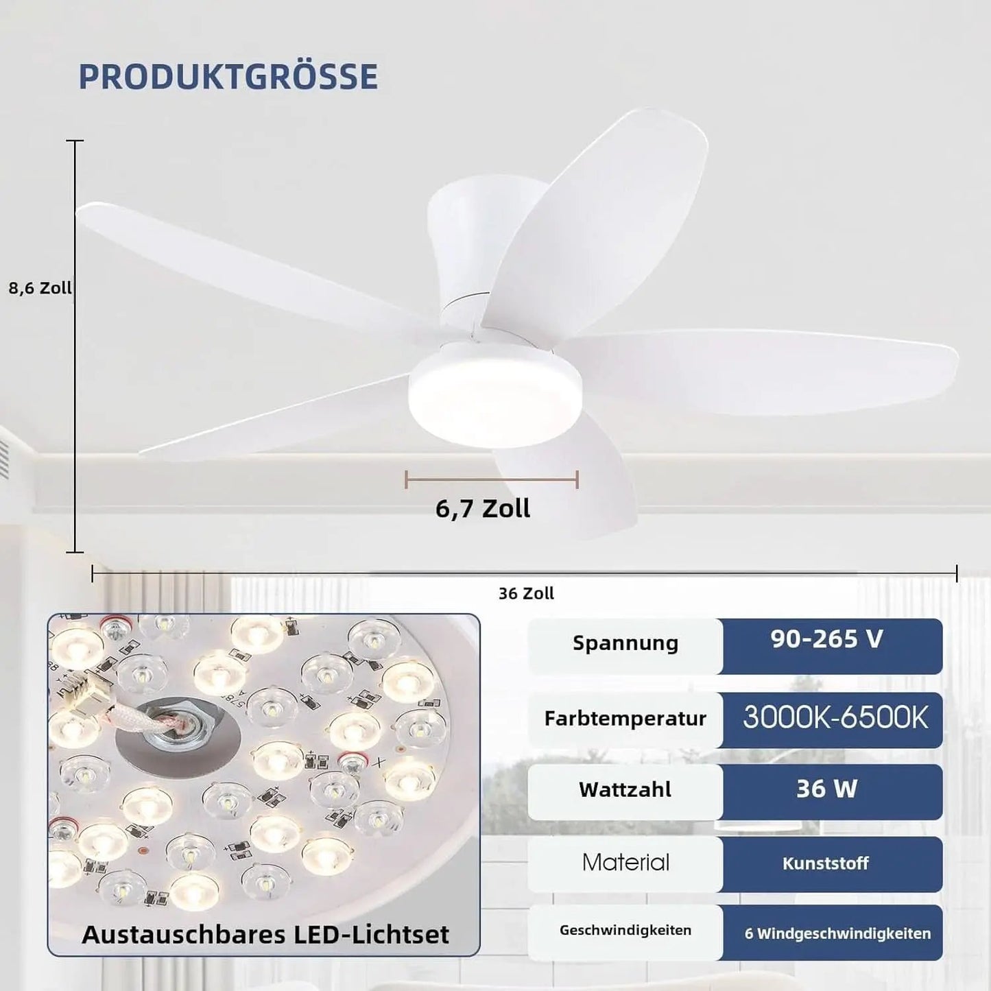36 Inch White Ceiling Fan With Dimmable LED Remote App Control Energy Efficient from PriceLows™