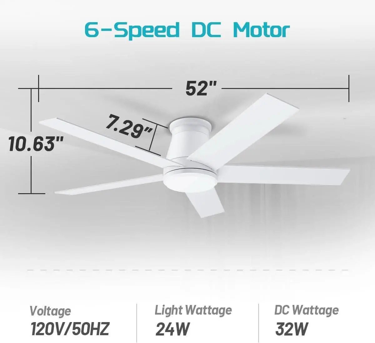 52 Inch White Ceiling Fan With Light Six Speed DC Motor from PriceLows™