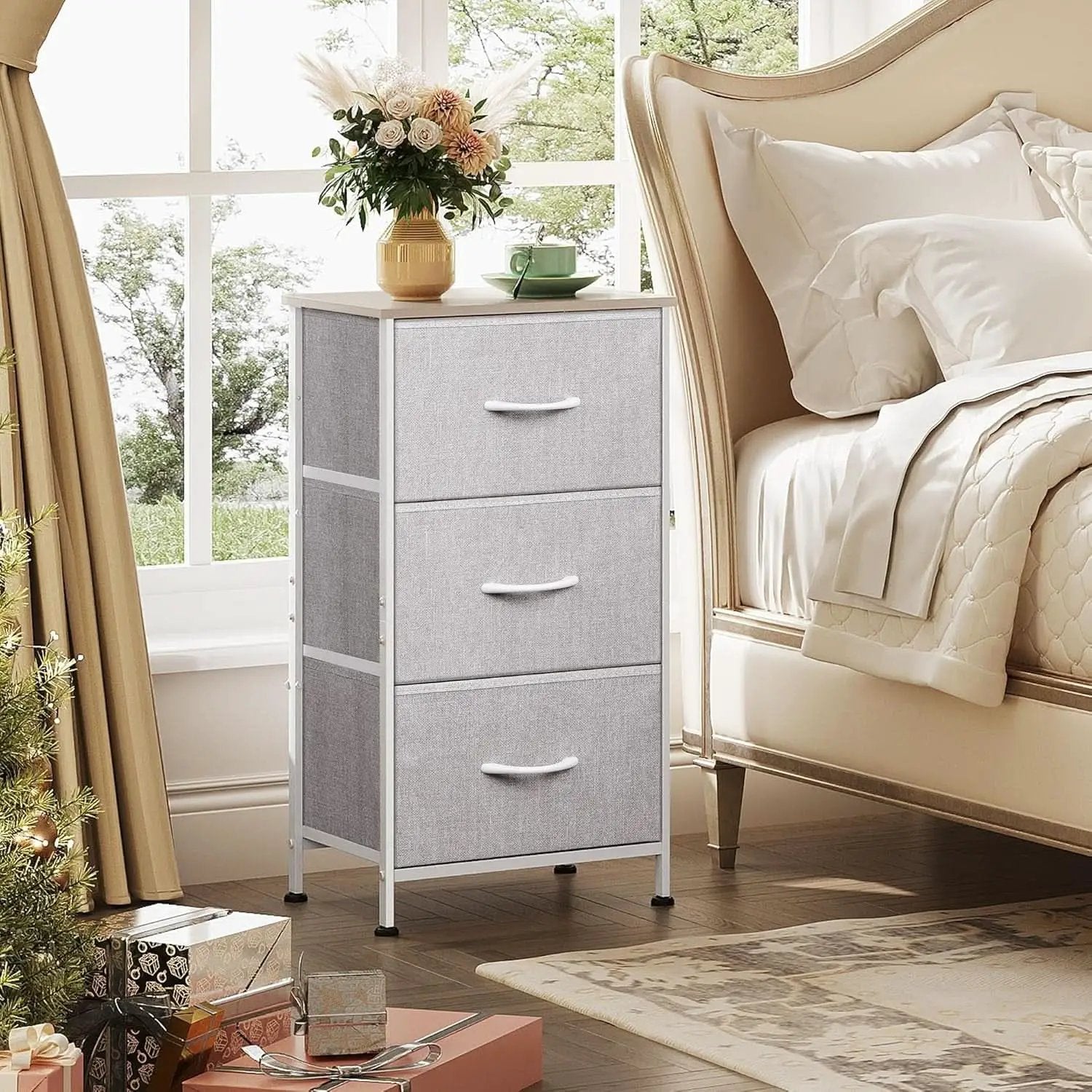 Light Grey Nightstand With 3 Drawers For Bedroom Hallway from PriceLows™