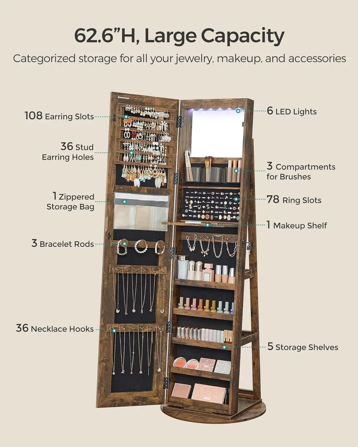 Rustic Brown LED Mirror Jewelry Cabinet Armoire Lockable from PriceLows™