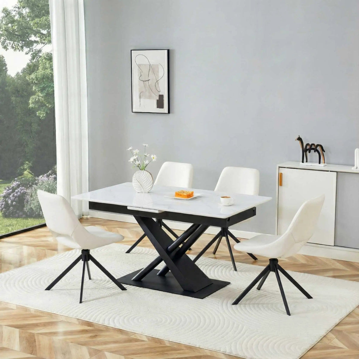 Dining Table With Geometric X Frame For Kitchen Or Dining Room White Marble | 70.98 x 33.5 x 29.7 in | Marble & Iron | Dining Room