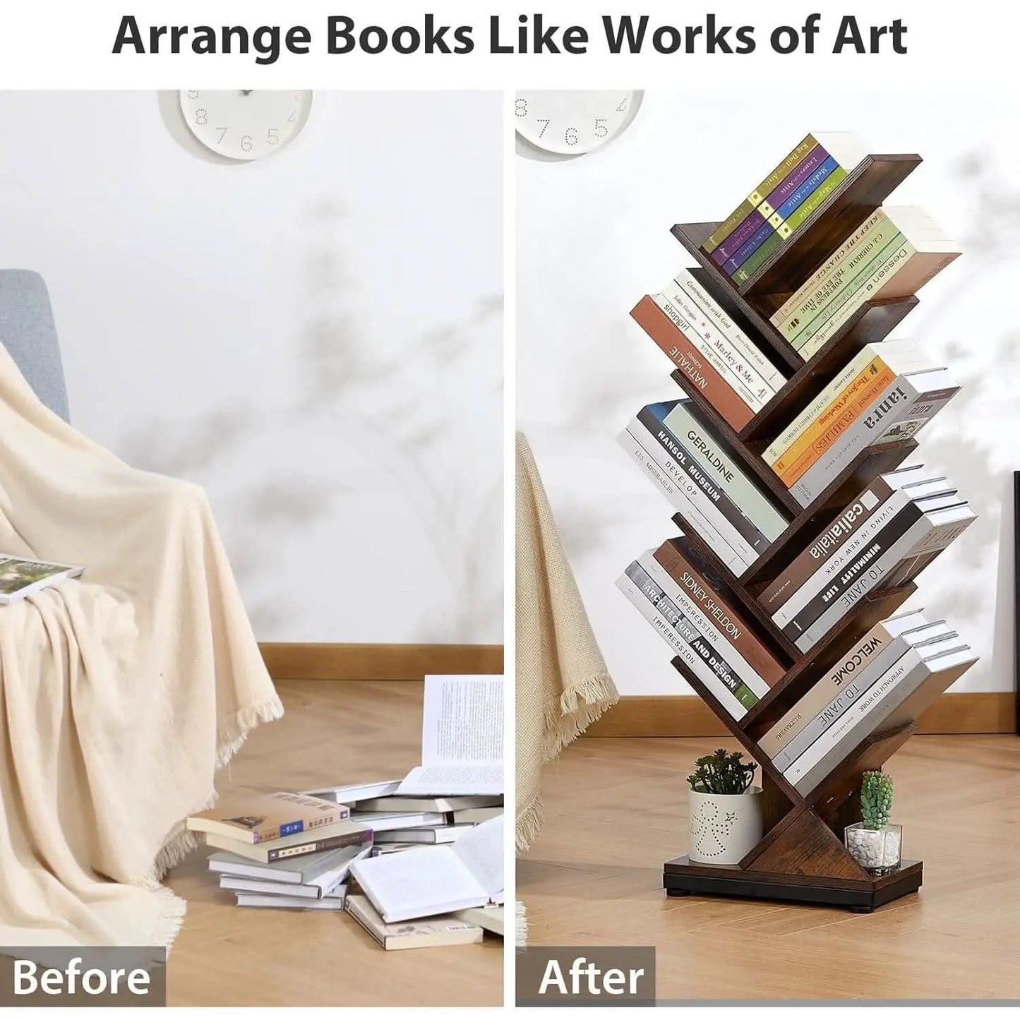 8 Tier Tree Bookshelf Floor Standing Bookcase For Books CDs Rustic Wood from PriceLows™