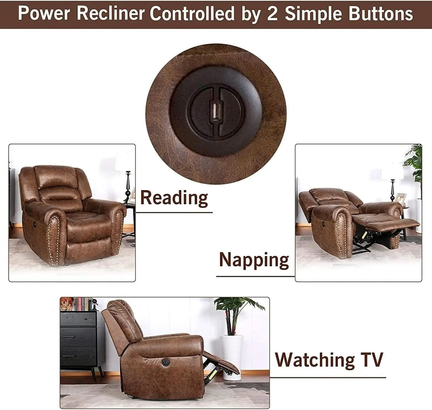Electric Power Recliner Pair Nut Brown Leather With USB Port from PriceLows™