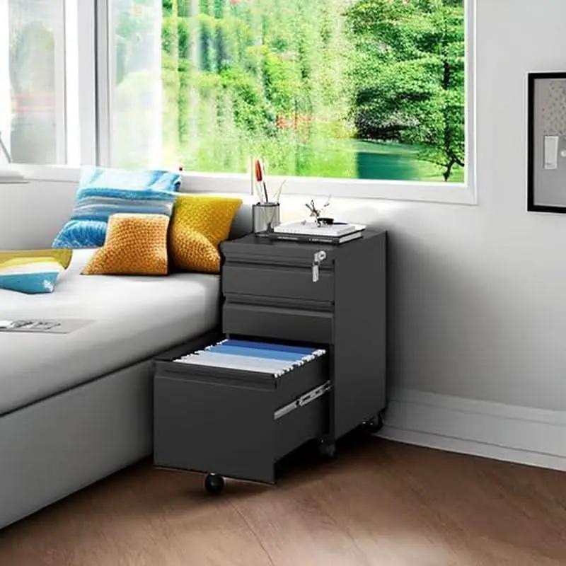Three Drawer File Cabinet On Wheels With Lock Black Metal from PriceLows™