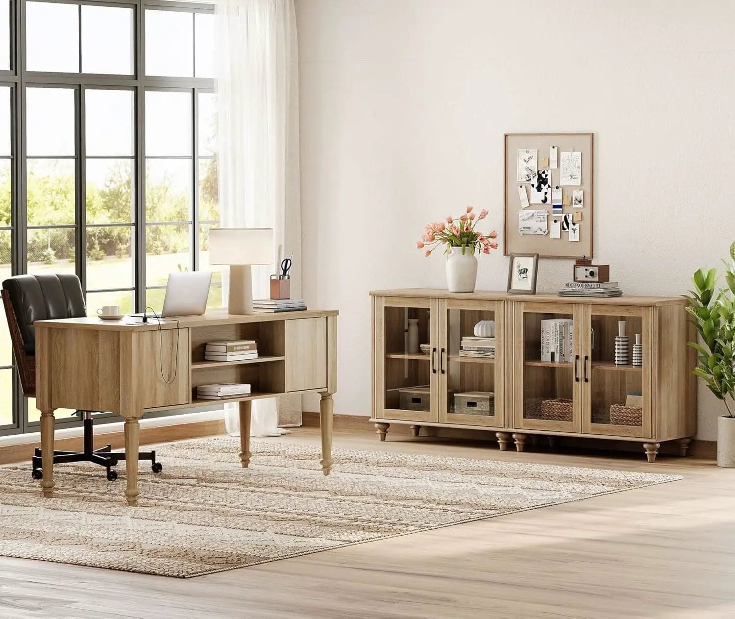 Distressed Oak Farmhouse Executive Desk Glass Cabinet from PriceLows™