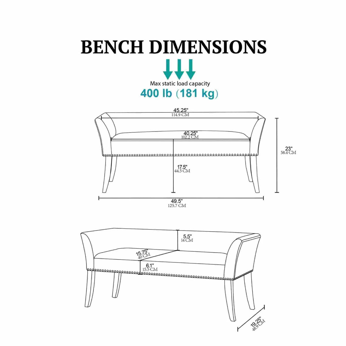Welburn Upholstered Bench | Padded Low Back | Flared Arms | High-Density Foam And Fiber Fill