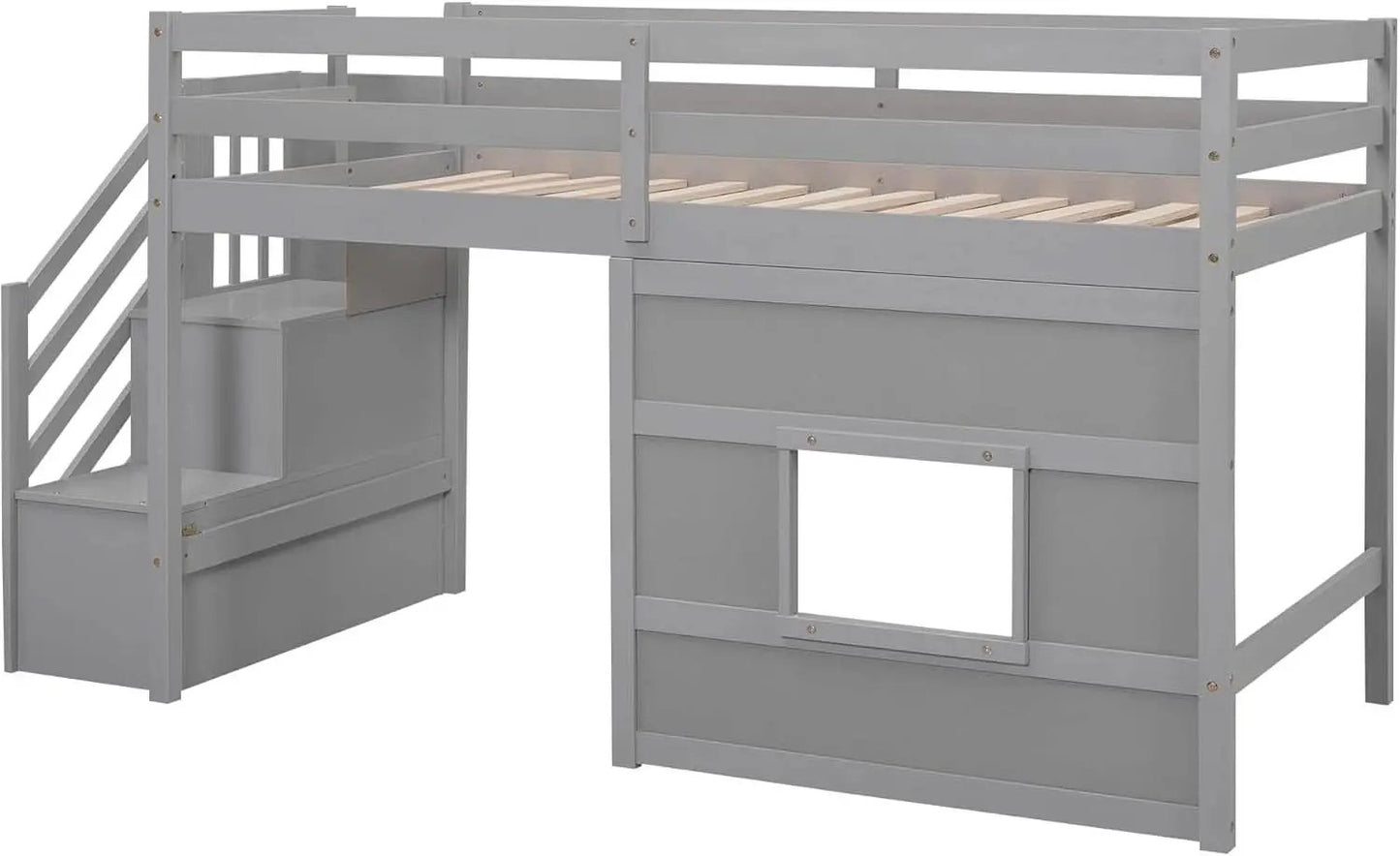 Twin Size Low Loft Bed In Gray With Stairs Storage from PriceLows™