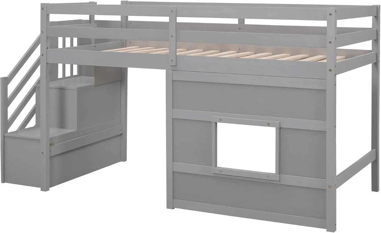 Twin Size Low Loft Bed In Gray With Stairs Storage from PriceLows™