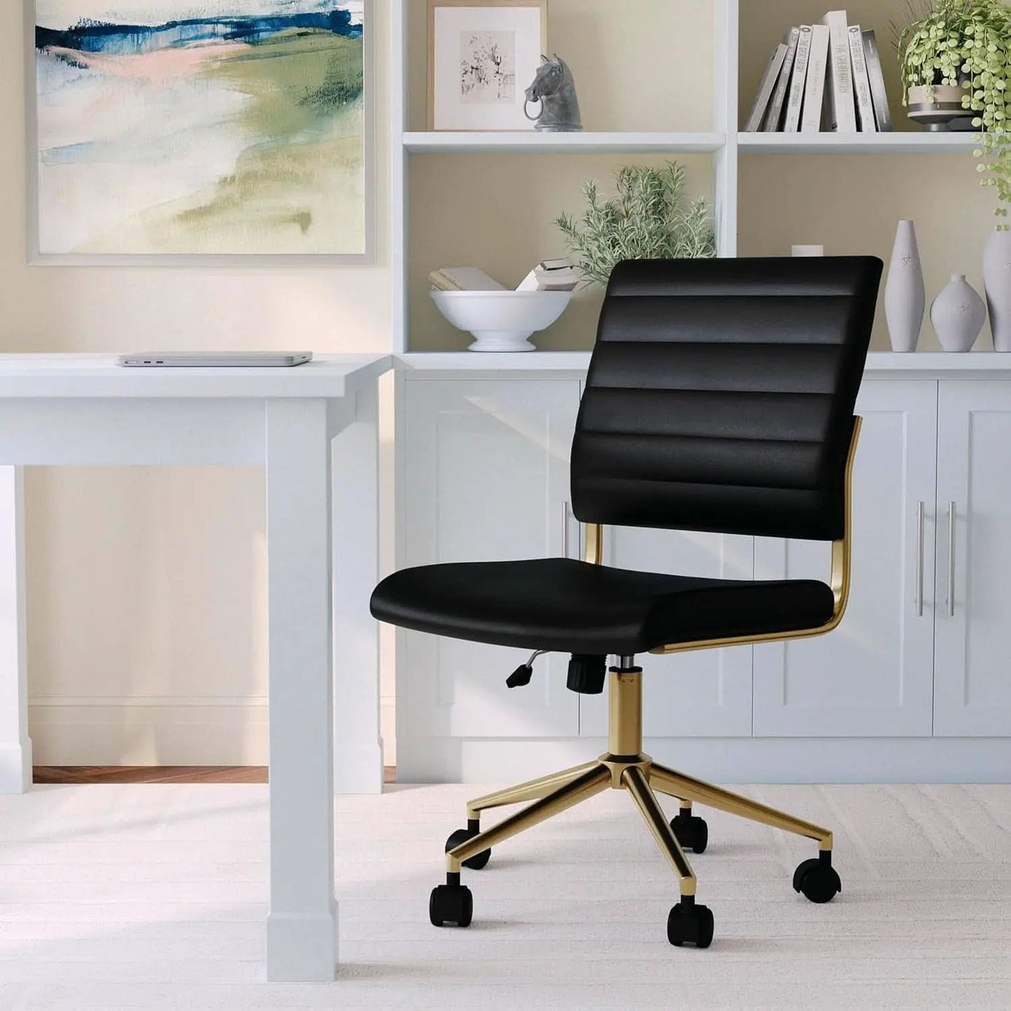 Armless Swivel Task Chair Black Faux Leather Brass Frame from PriceLows™