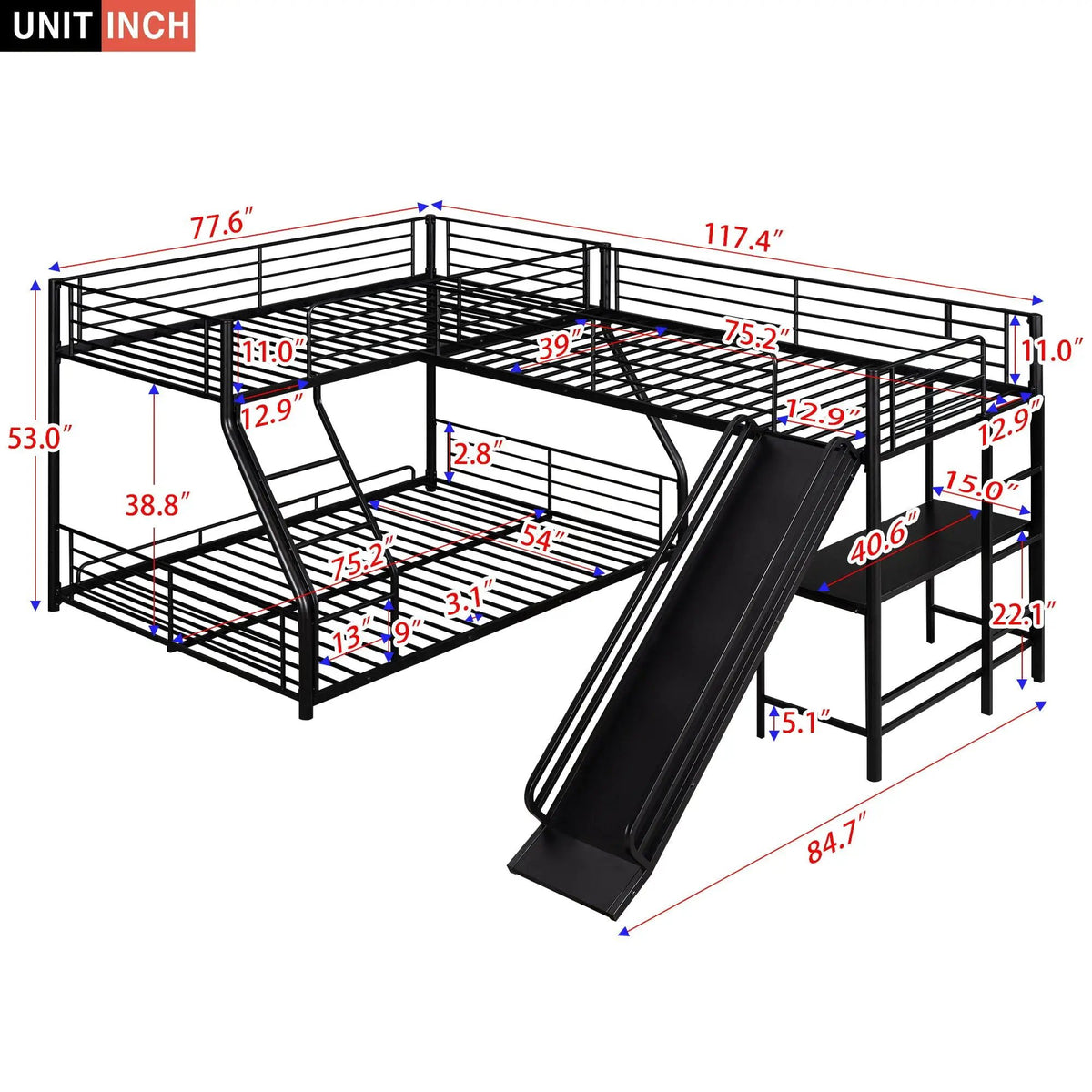 L Shaped Triple Bunk Bed | Twin Over Full Frame | Built In Desk | Black