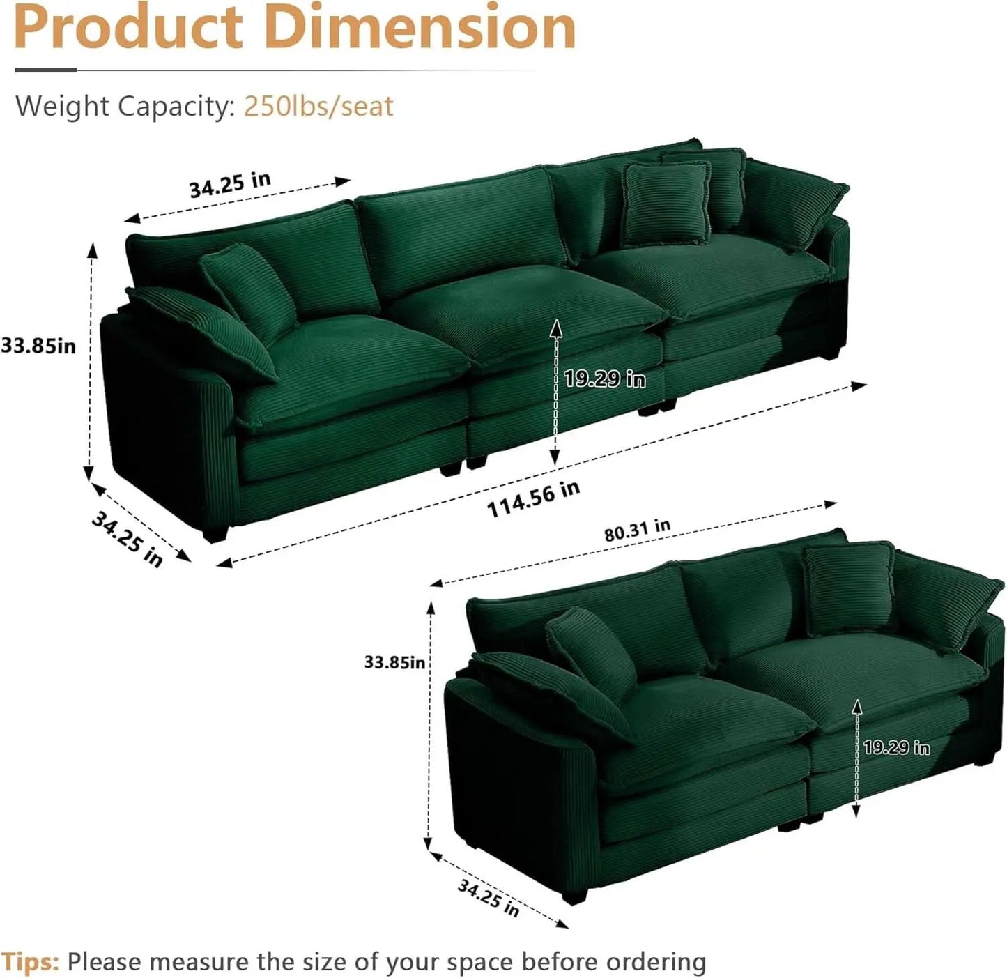 Oversized 2 Piece Sofa Set 3 Seater Loveseat Green from PriceLows™