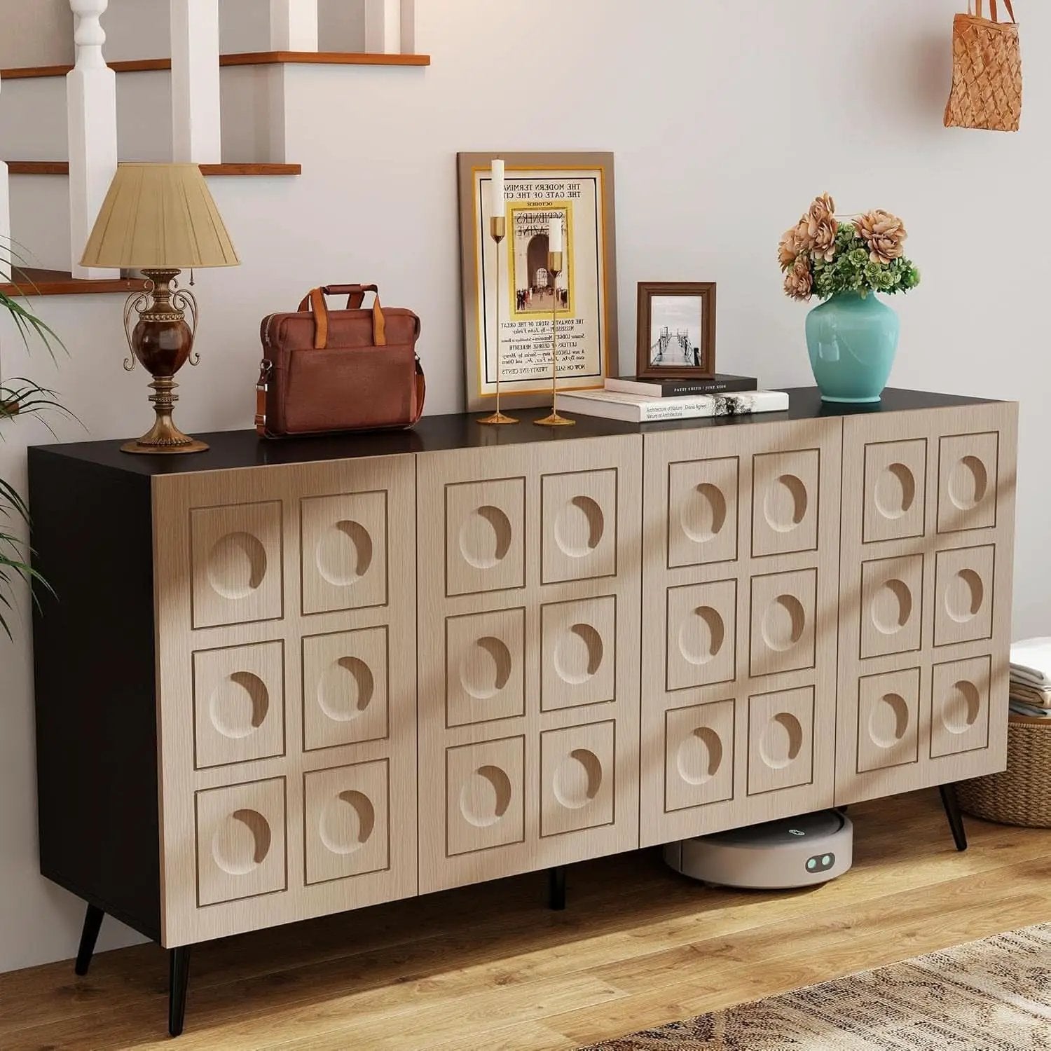 63 Inch Oak And Black Mid Century Modern Sideboard from PriceLows™