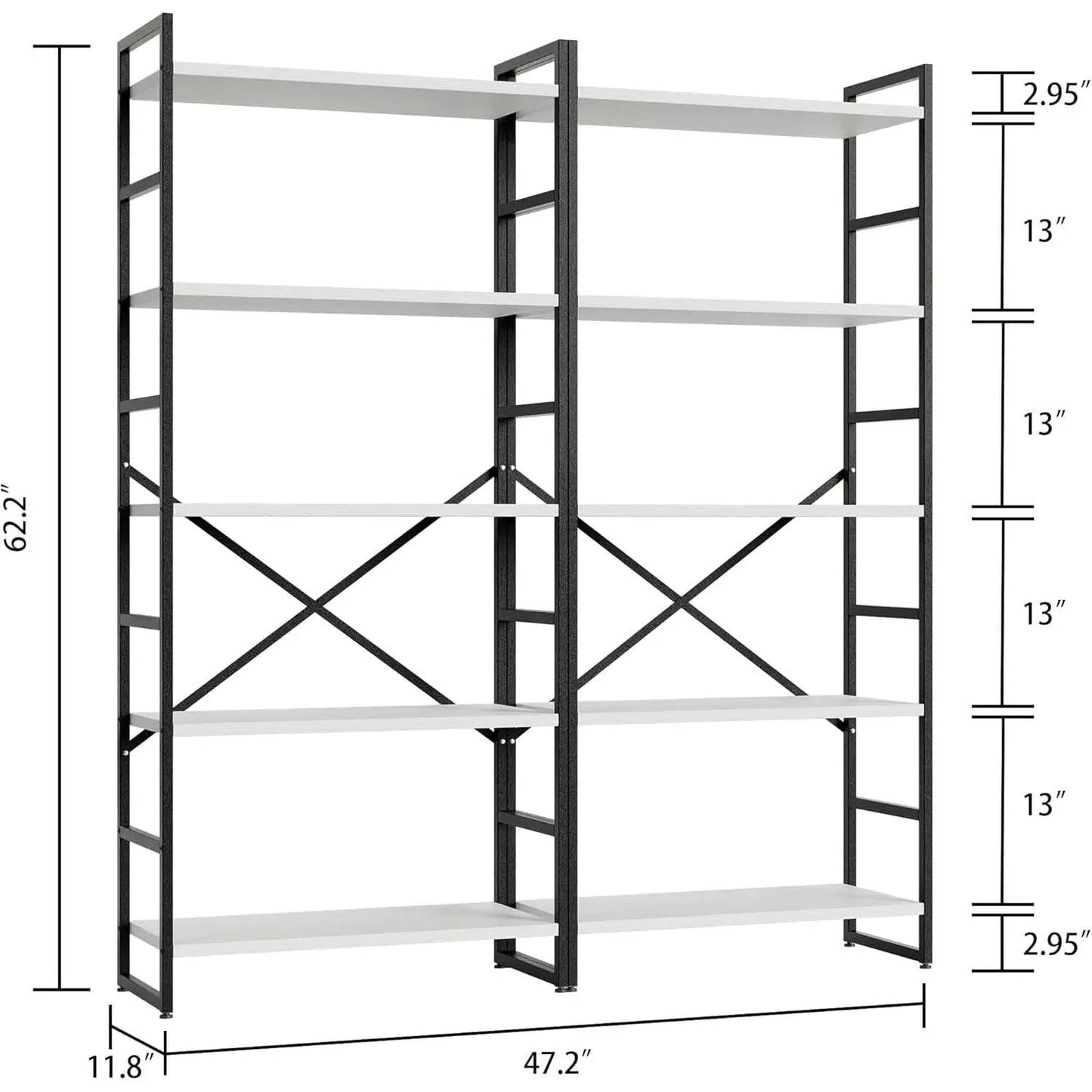 Two Piece Five Tier White Bookshelf Set Industrial Modern Bookcase For Living Room Office from PriceLows™